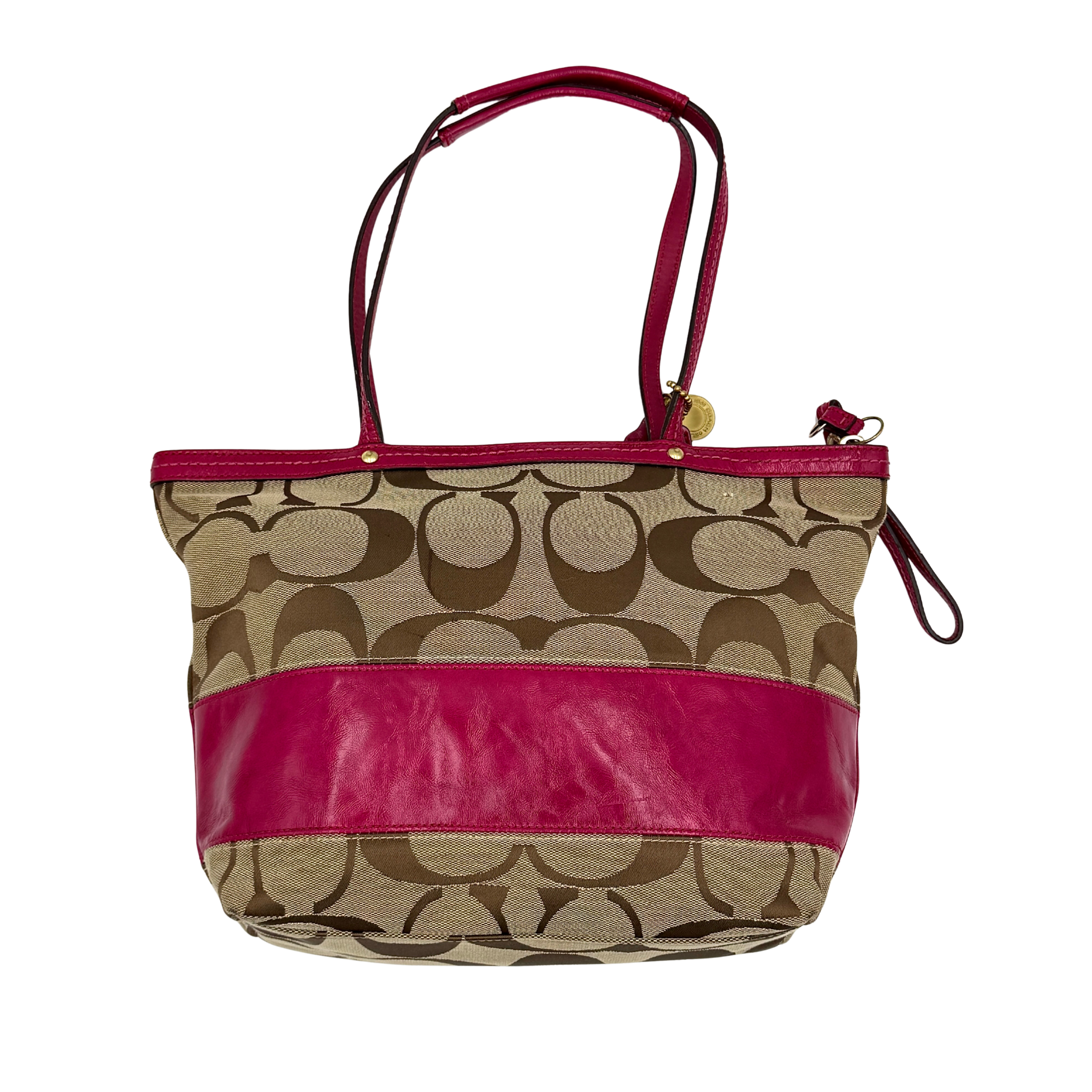 Coach Signature Stripe Tote Bag in beige monogram canvas with bold pink leather accents and top handles.