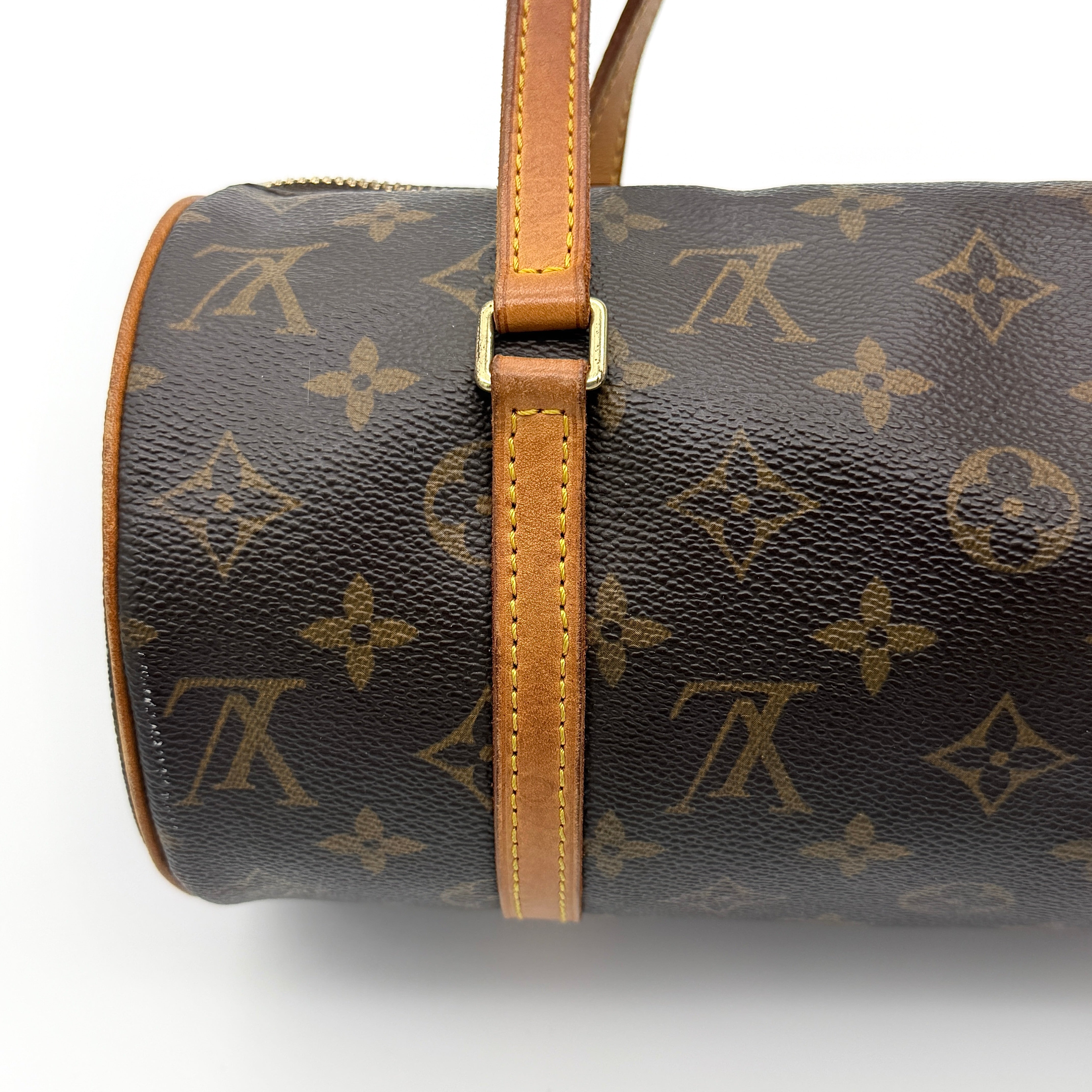 Louis Vuitton Papillon 26 in Monogram canvas with brown leather trim and gold-tone zip, shown against a white background.