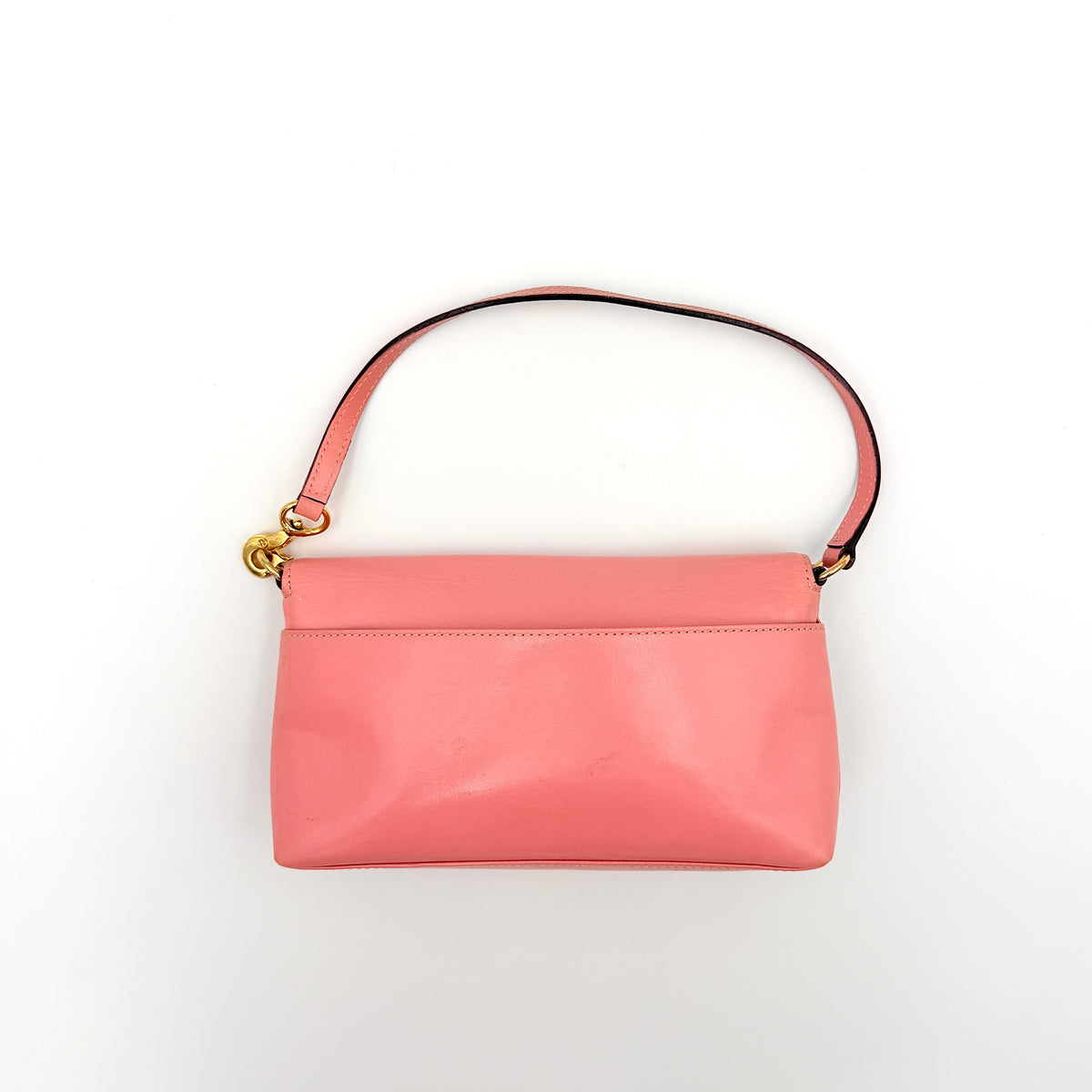 Kate Spade Morgan East West Shoulder Bag in smooth pink leather with gold-tone hardware and a green interior, displayed on white background.