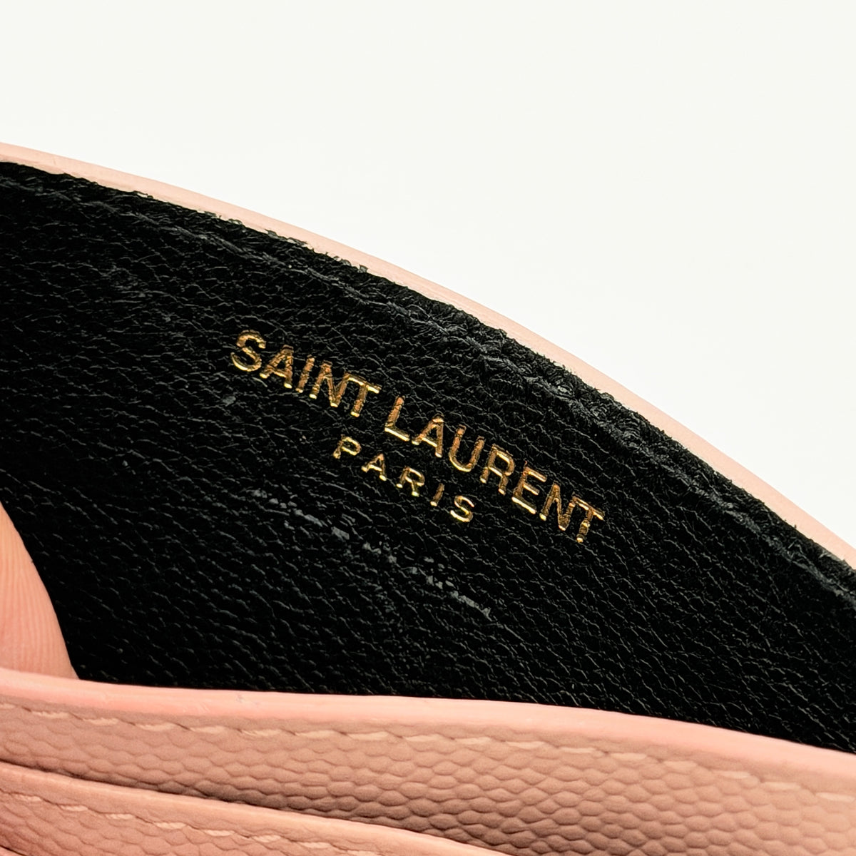 Saint Laurent YSL Cassandre Matelassé card holder in pink grained leather with gold YSL monogram.