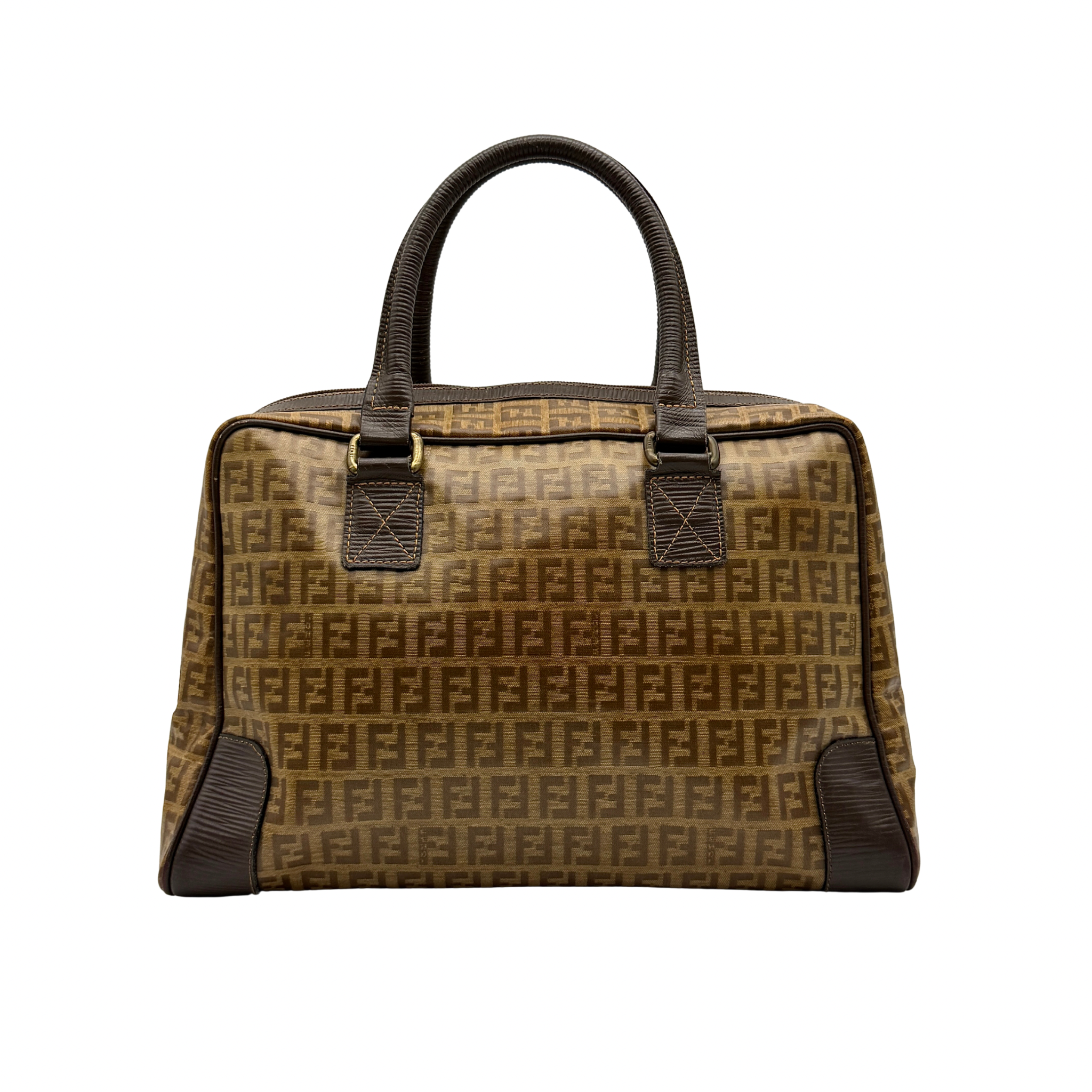Fendi Zucchino FF Monogram Boston Handbag Brown