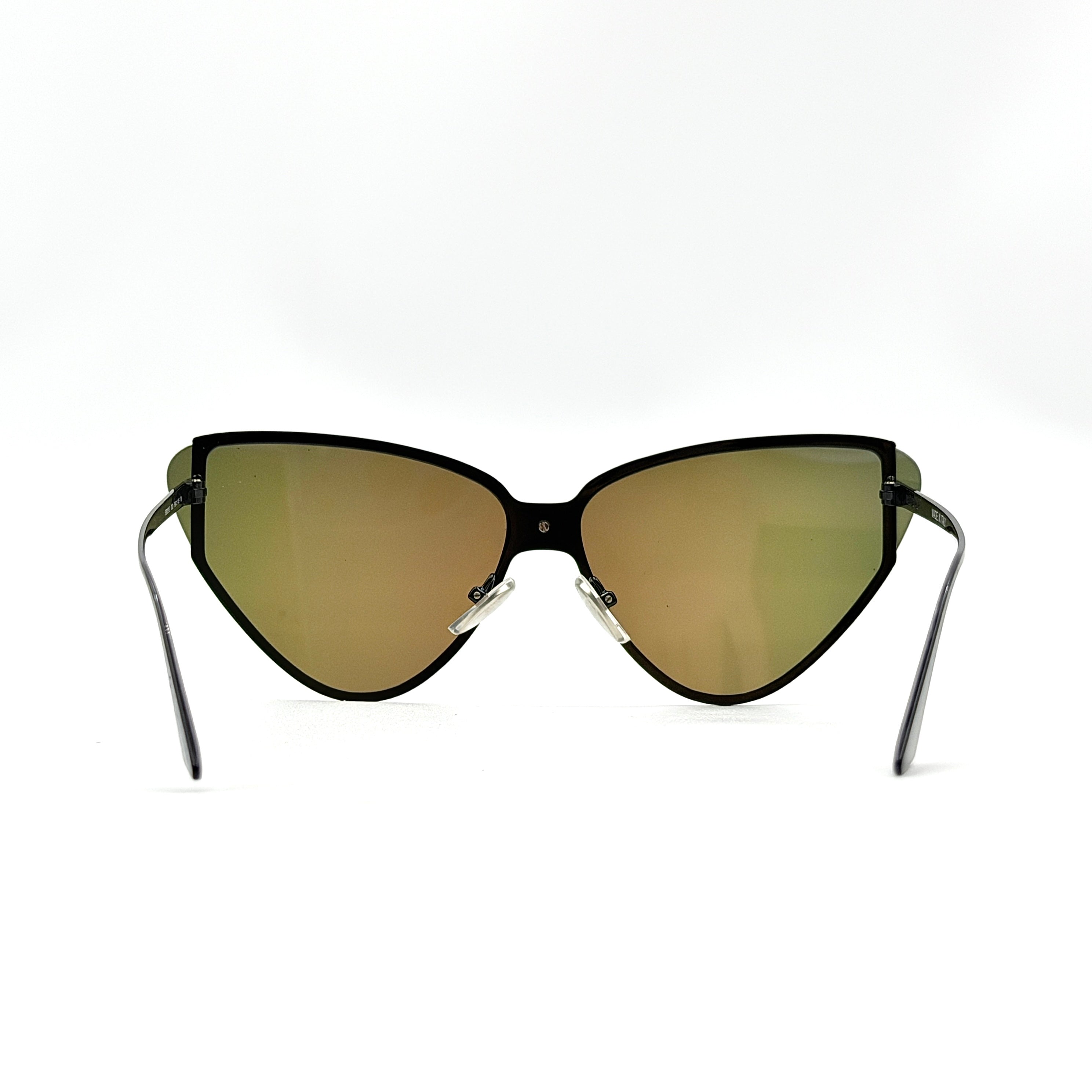 Balenciaga cat-eye sunglasses with purple mirrored lenses and black frame, featuring signature BB logo at the bridge.