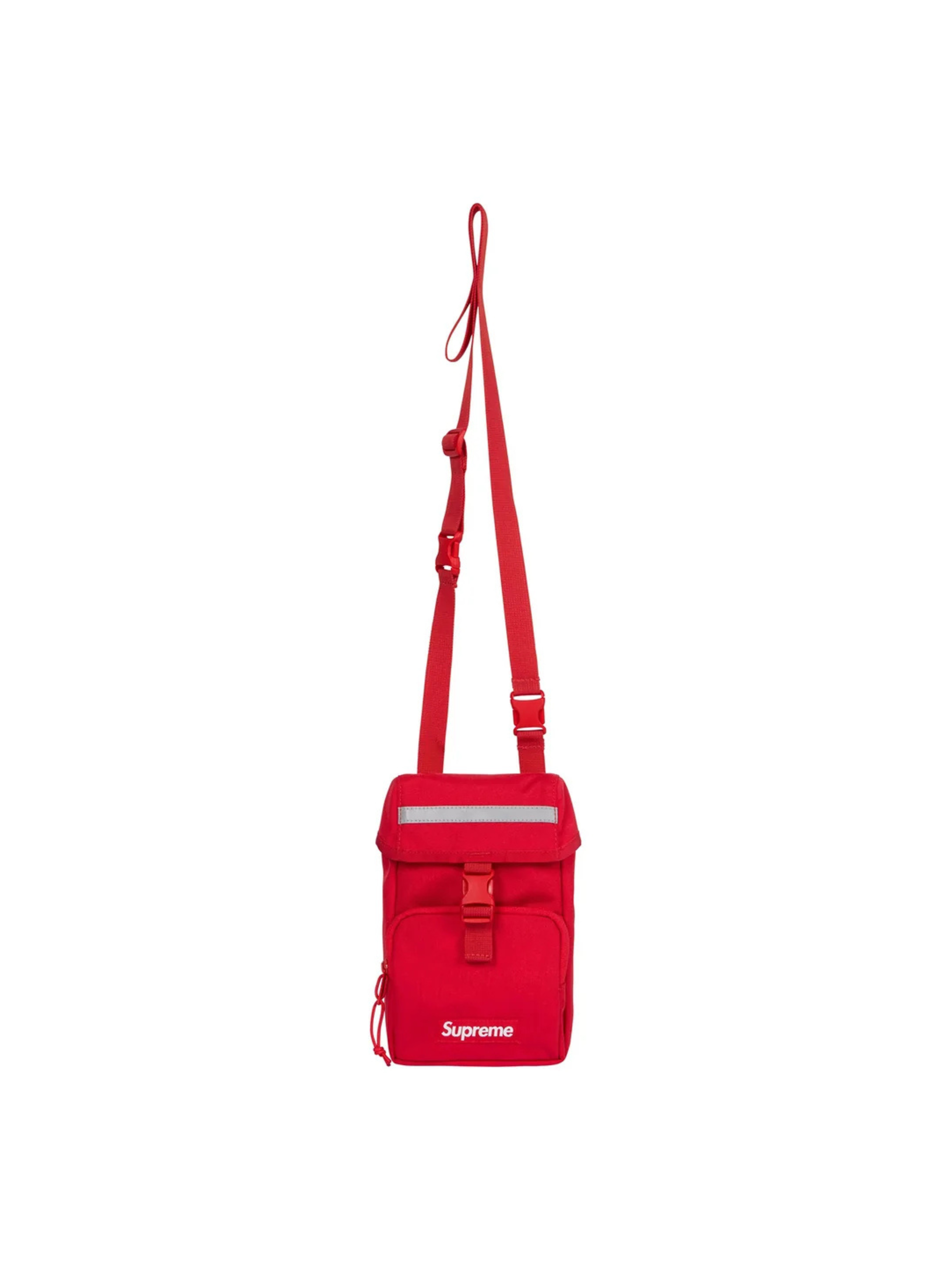Supreme Camera Bag Red FW24 made from Cordura nylon, with reflective strip, buckle flap, and white box logo
