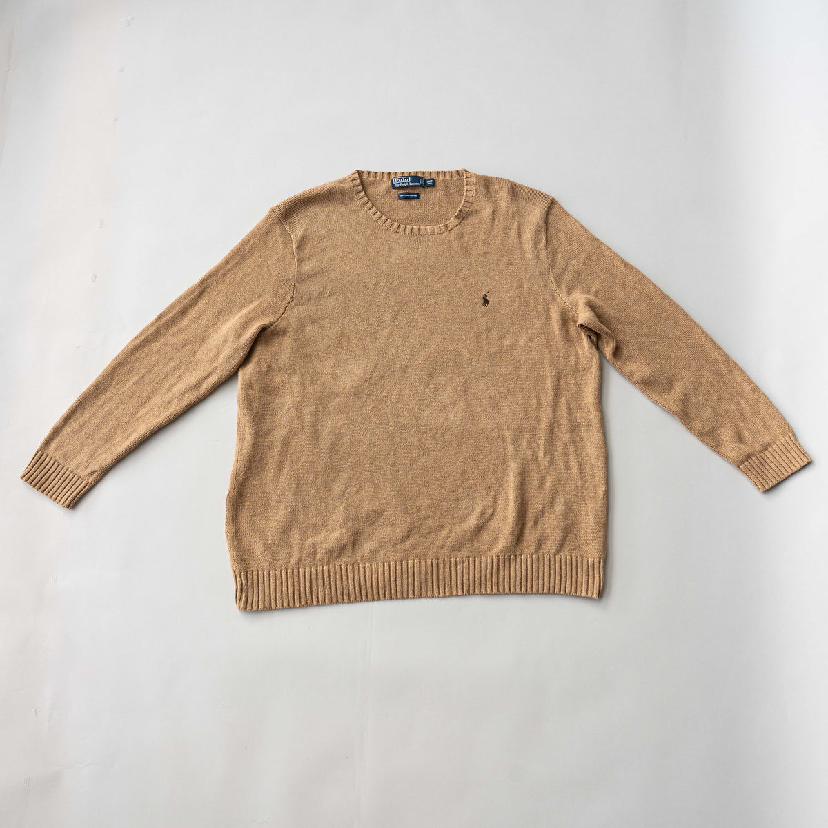 Polo Ralph Lauren brown Pima cotton knit crewneck sweater with embroidered pony logo, displayed flat.