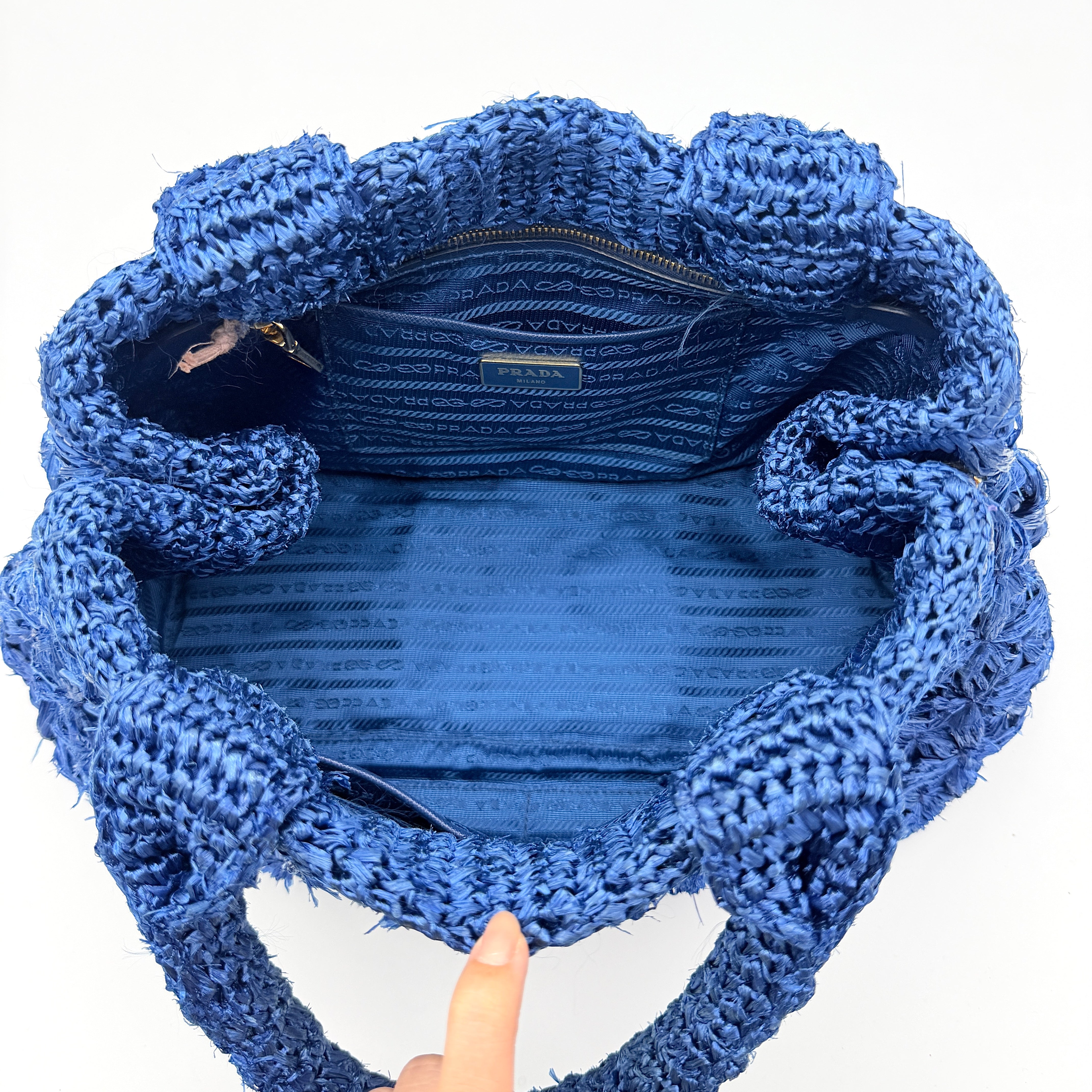 Prada Canapa Crochet Raffia Tote Bag Blue