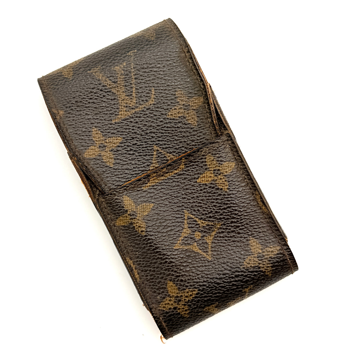 Louis Vuitton Monogram Cigarette Case in brown canvas with flap opening, photographed front-facing on a white background.
