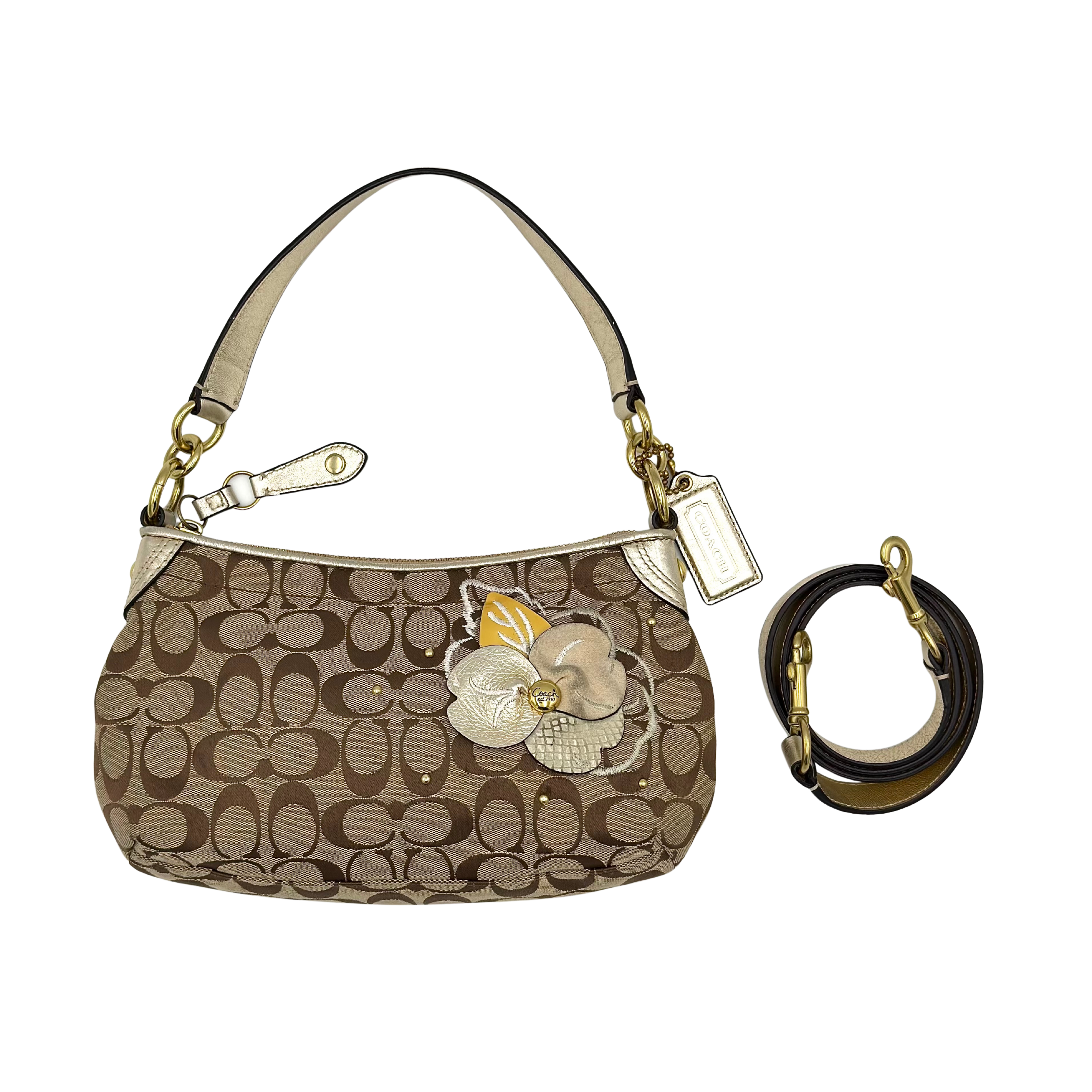 Coach 2Way Signature Floral Shoulder Bag Beige