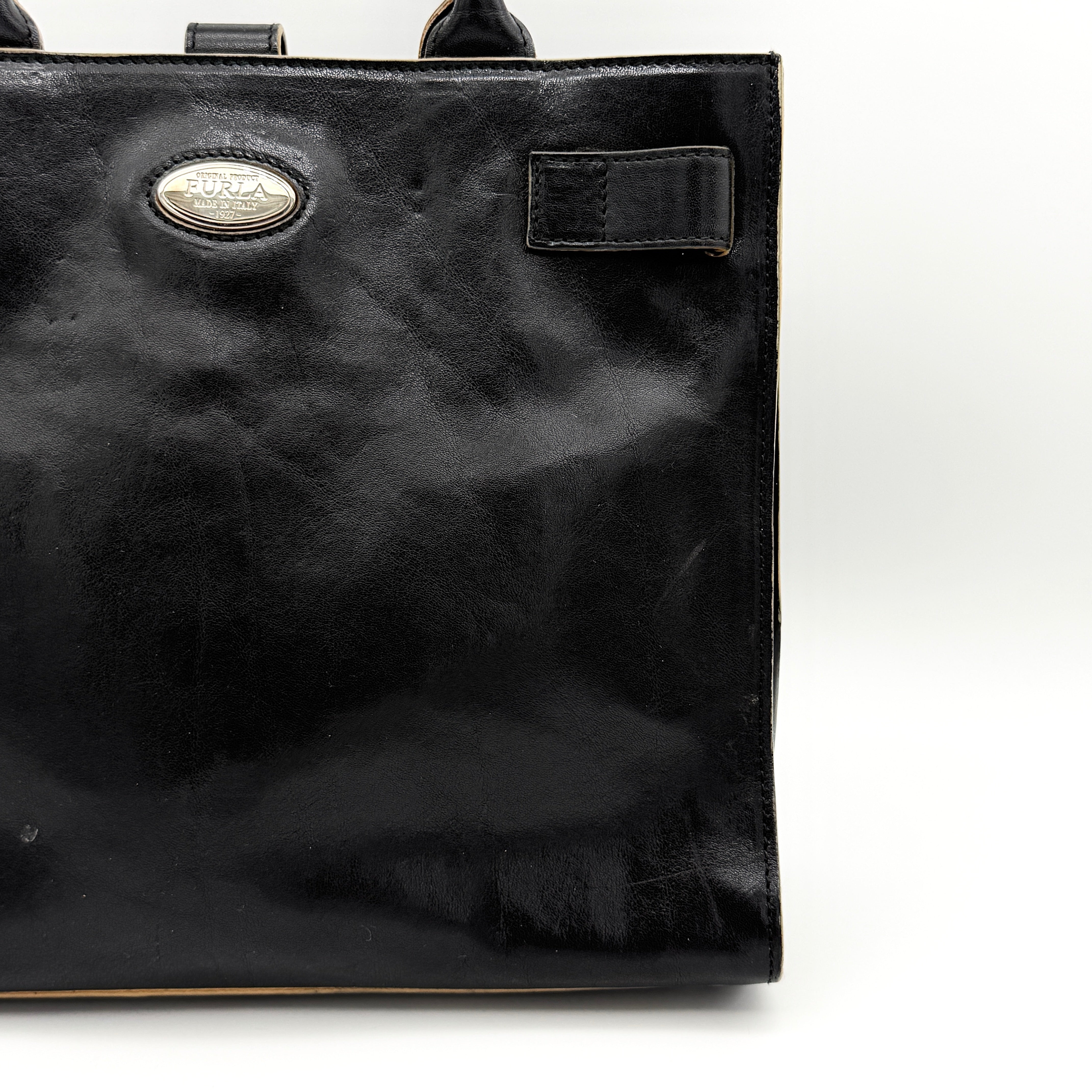 Furla Logo Plaque Leather Tote Bag Black