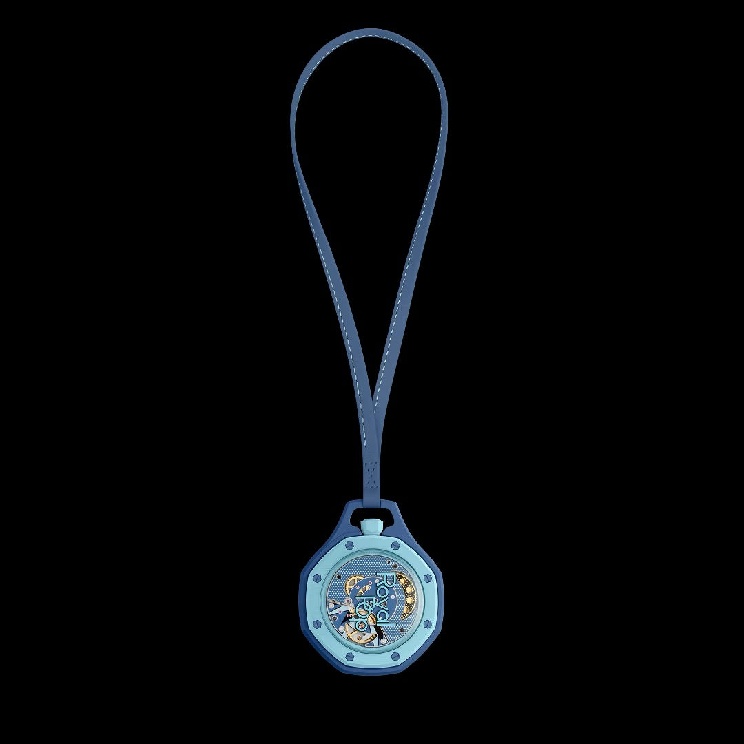 A Swatch x Audemars Piguet Royal Pop Lan Ba pendant watch in blue, featuring a geometric case, textured dial, and stitched blue strap.