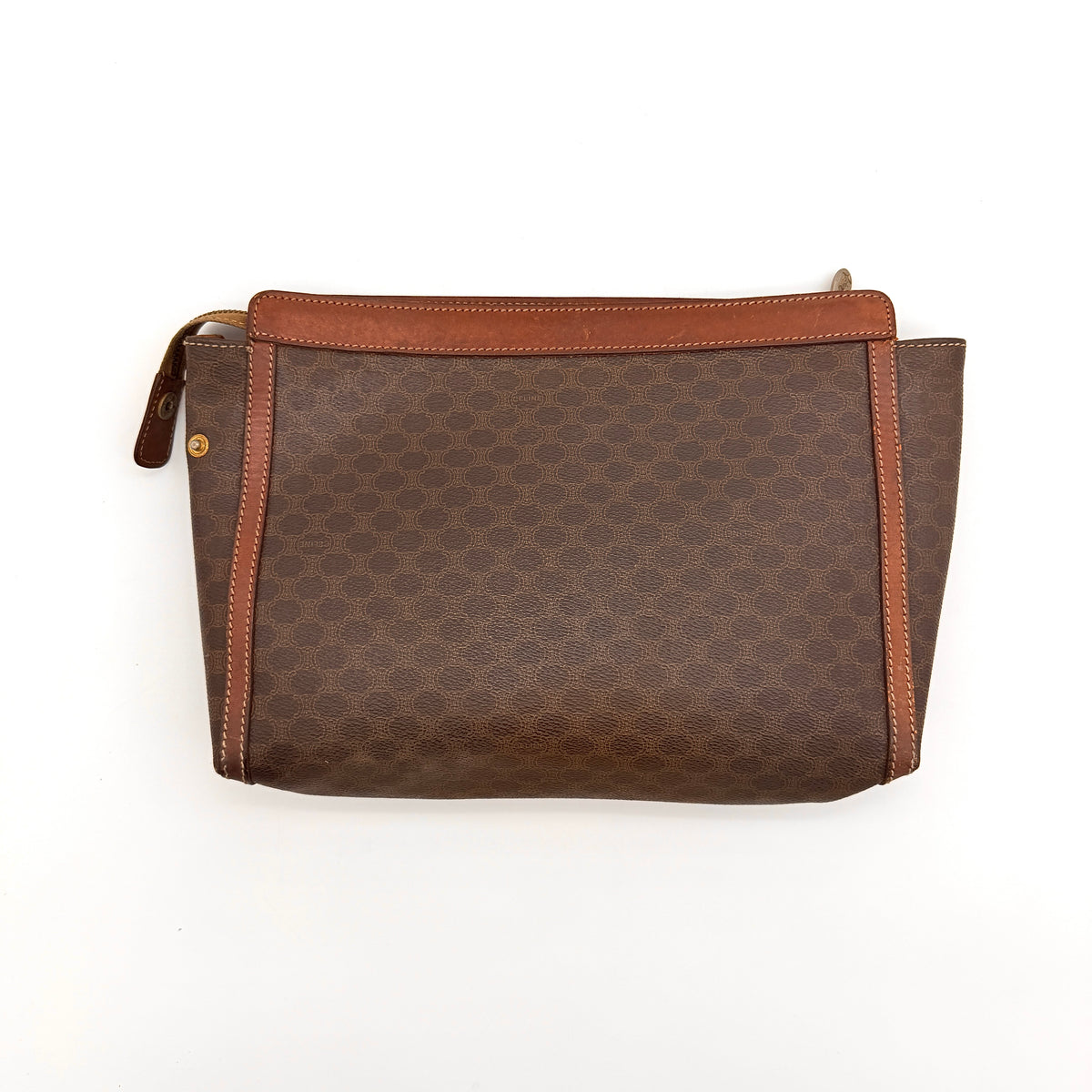 Celine Triomphe Macadam Clutch Bag in brown coated canvas with leather trim, photographed on a white background.