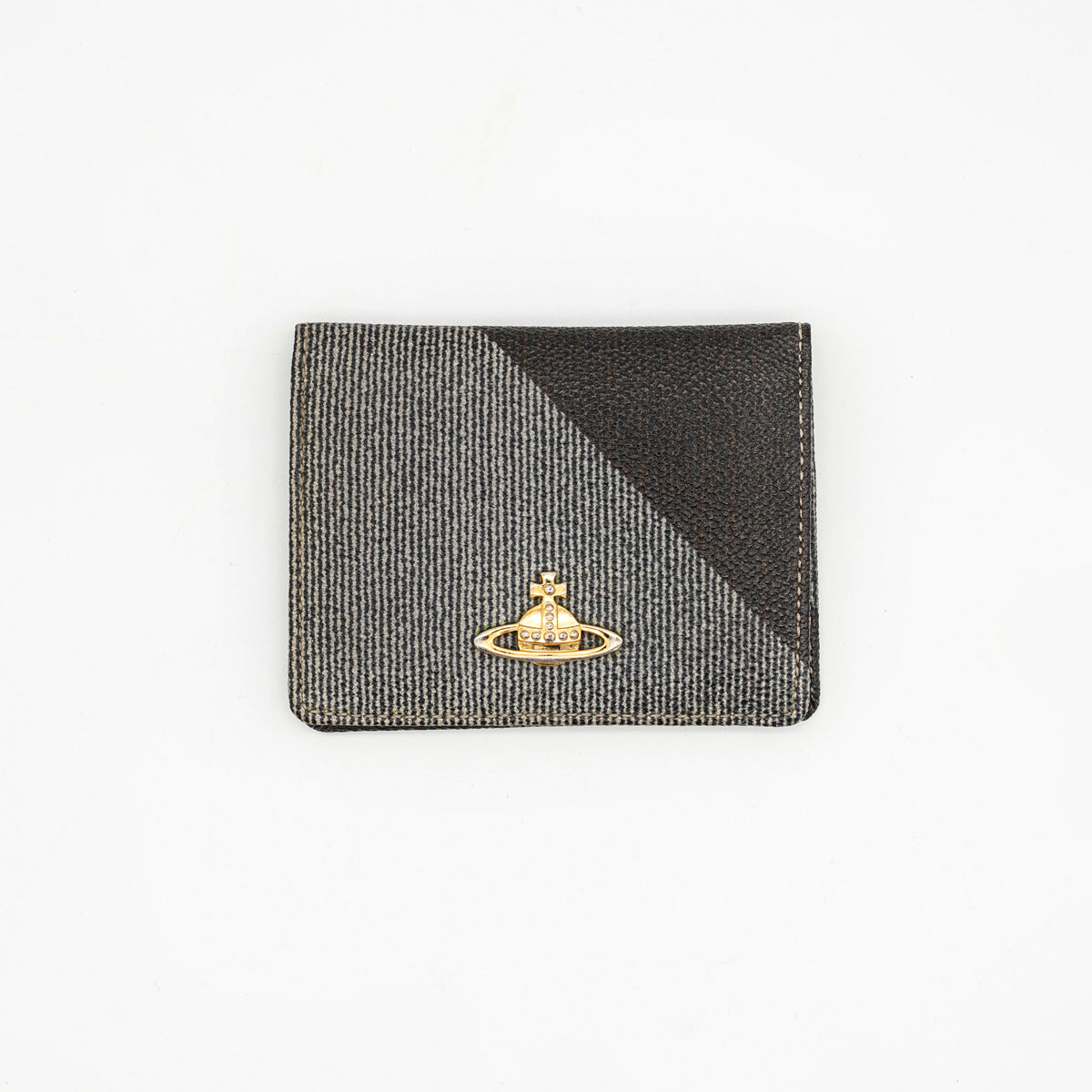 Vivienne Westwood black and grey stripe cardholder with gold Orb plaque against a white background.