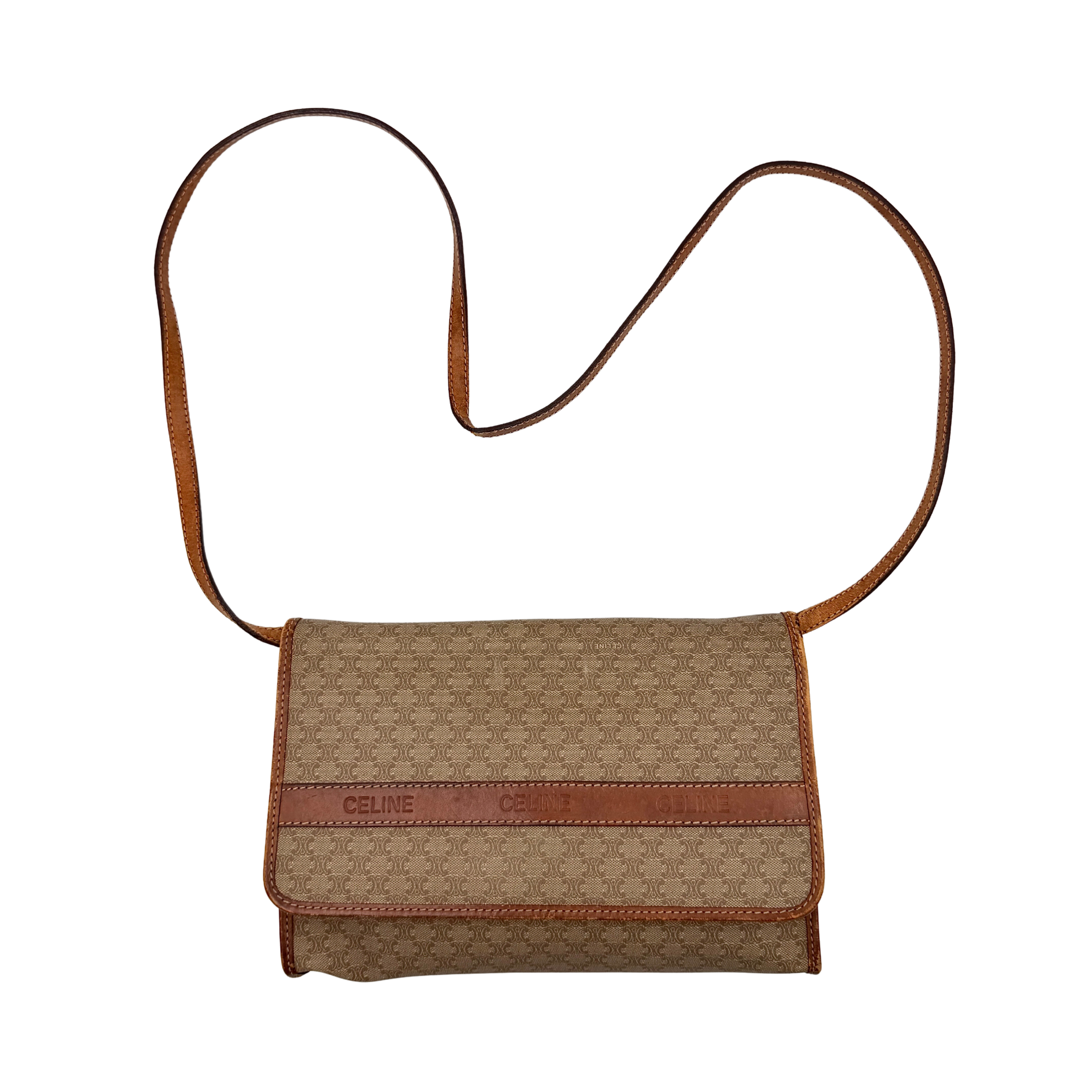Celine Macadam PVC Crossbody Bag in brown and beige with a monogram pattern, tan leather trim, and long crossbody strap displayed against a white background.