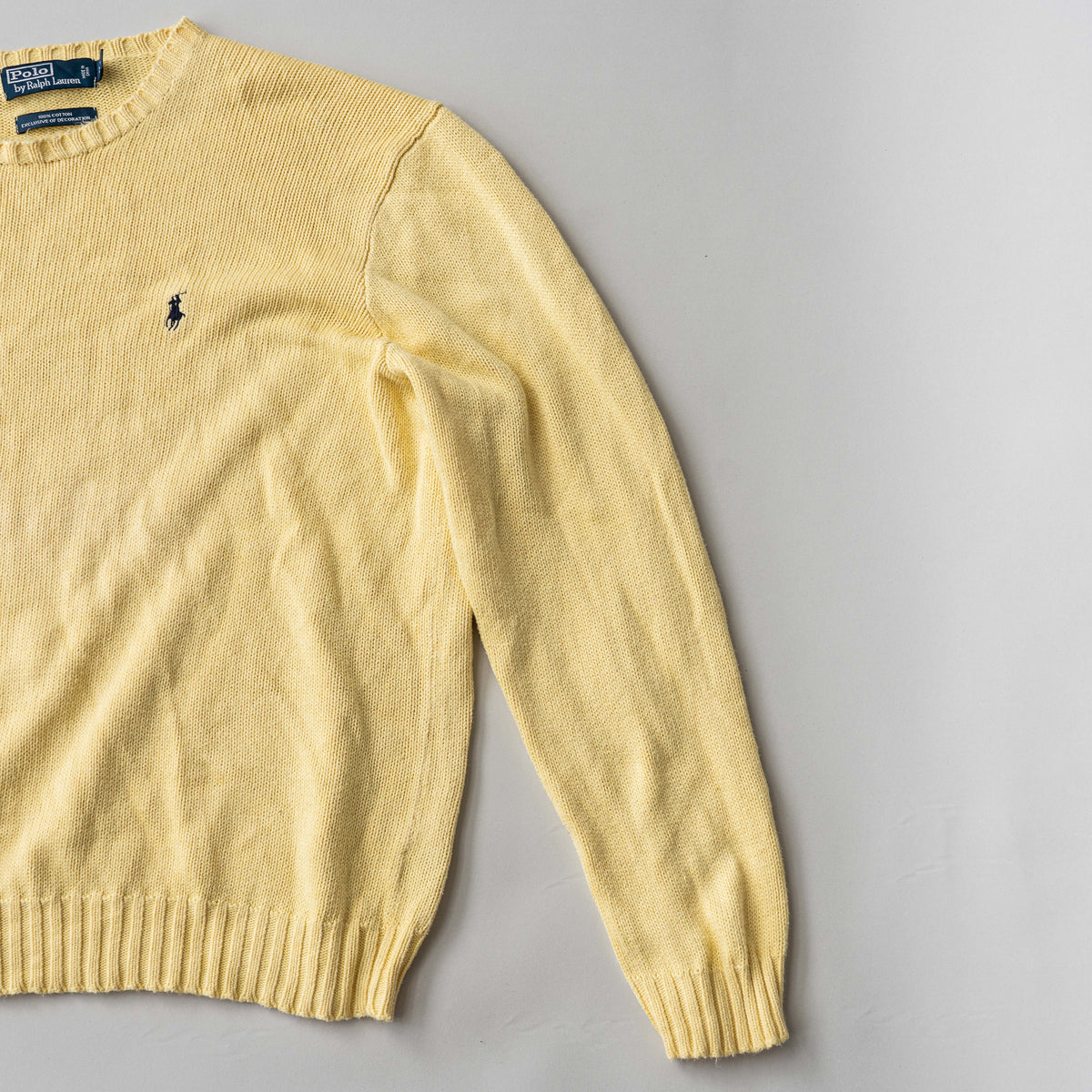 Polo Ralph Lauren yellow cotton knit crewneck sweater, XXL, with navy embroidered logo on the chest.