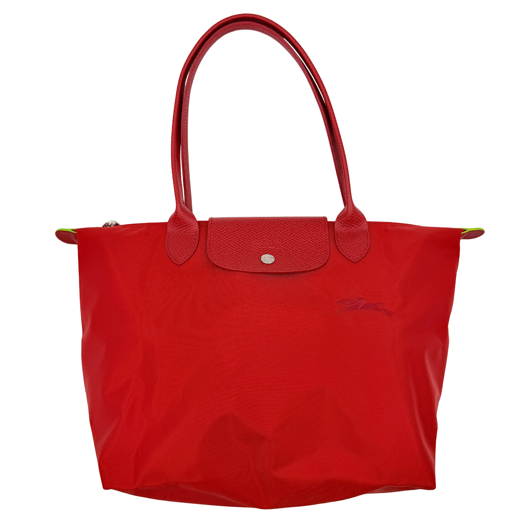 Longchamp Le Pliage Club tote bag in red nylon with tonal leather accents and silver hardware.
