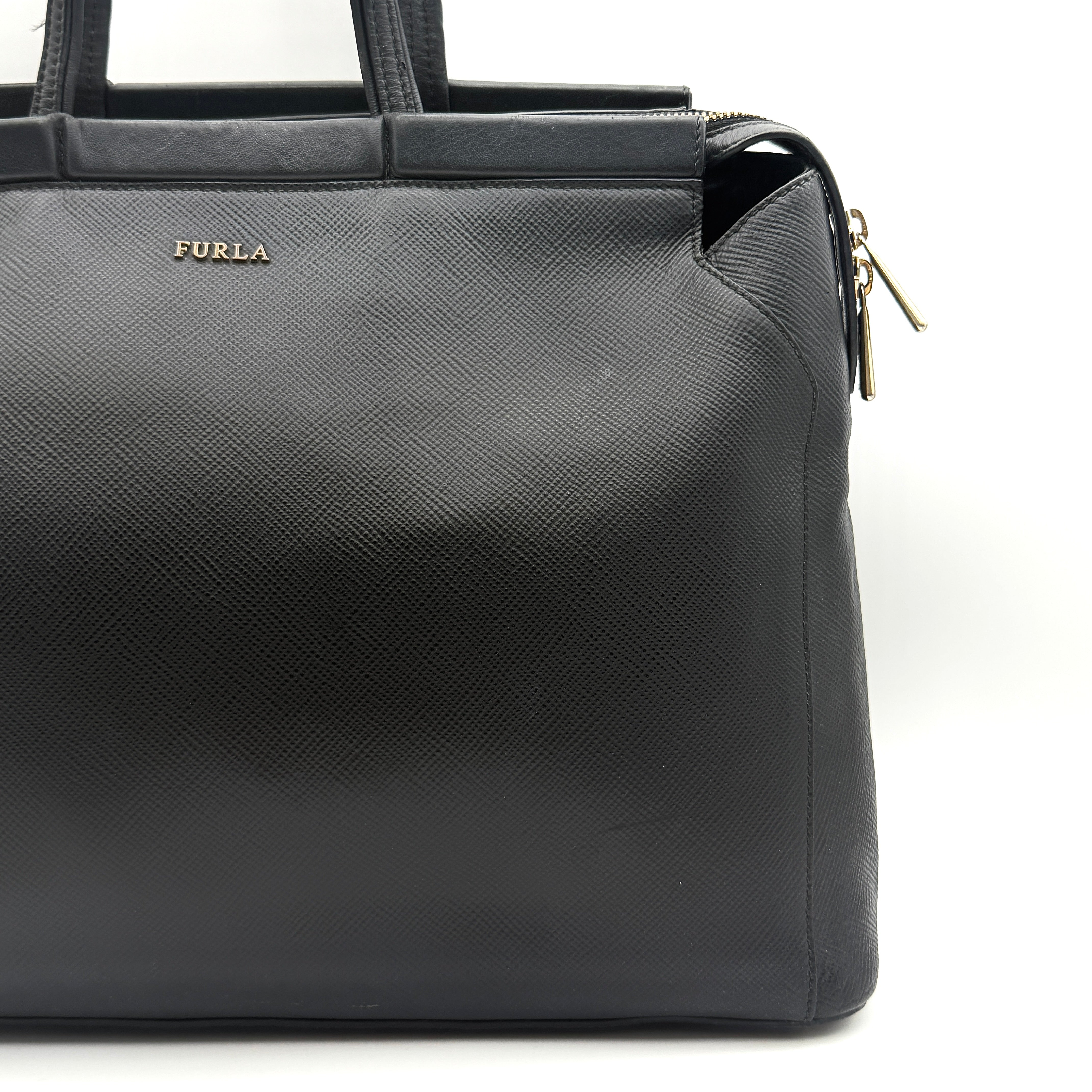 Furla 2Way Leather Zip Top Tote Bag Black