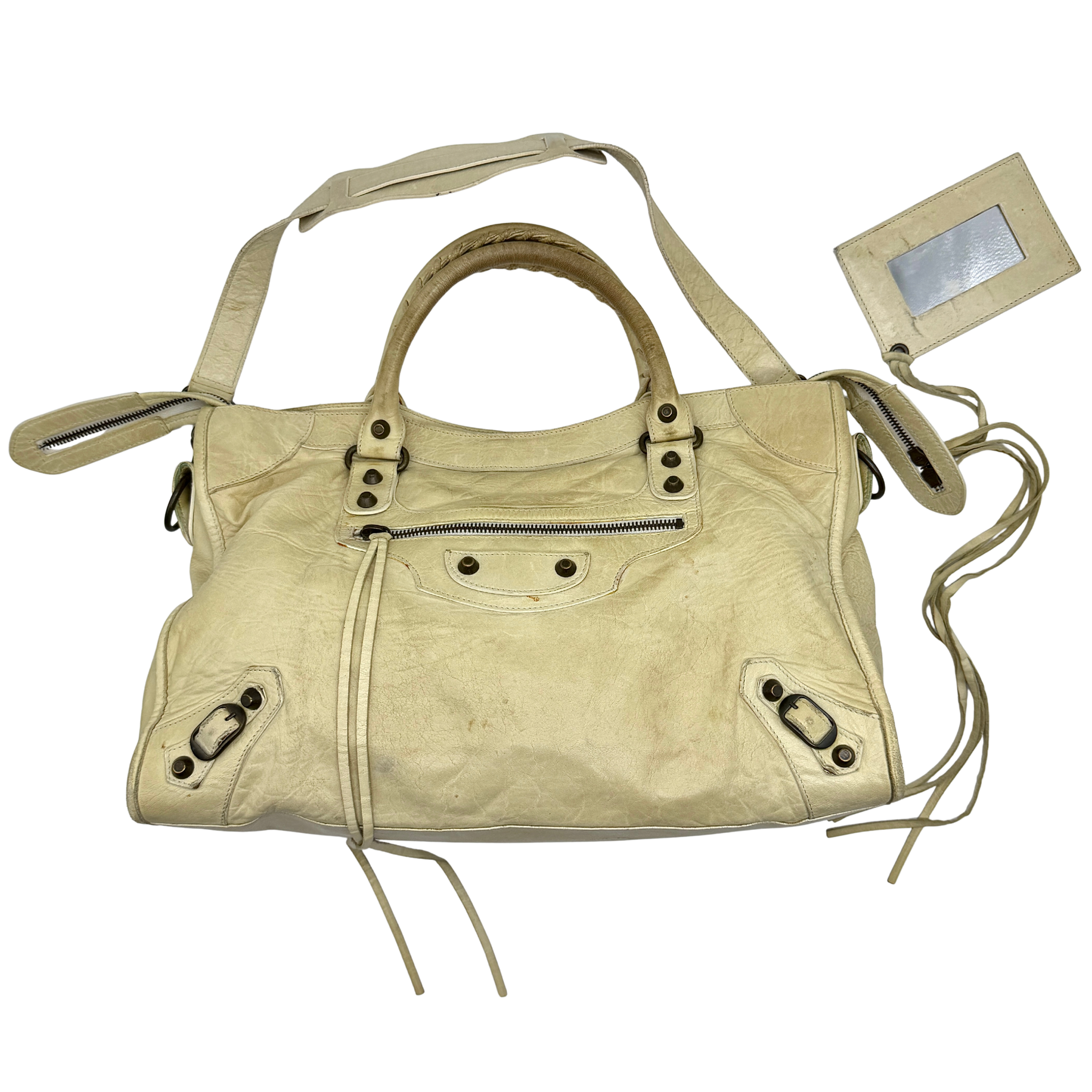 Balenciaga 2Way Agneau Leather Motorcycle City Bag Cream