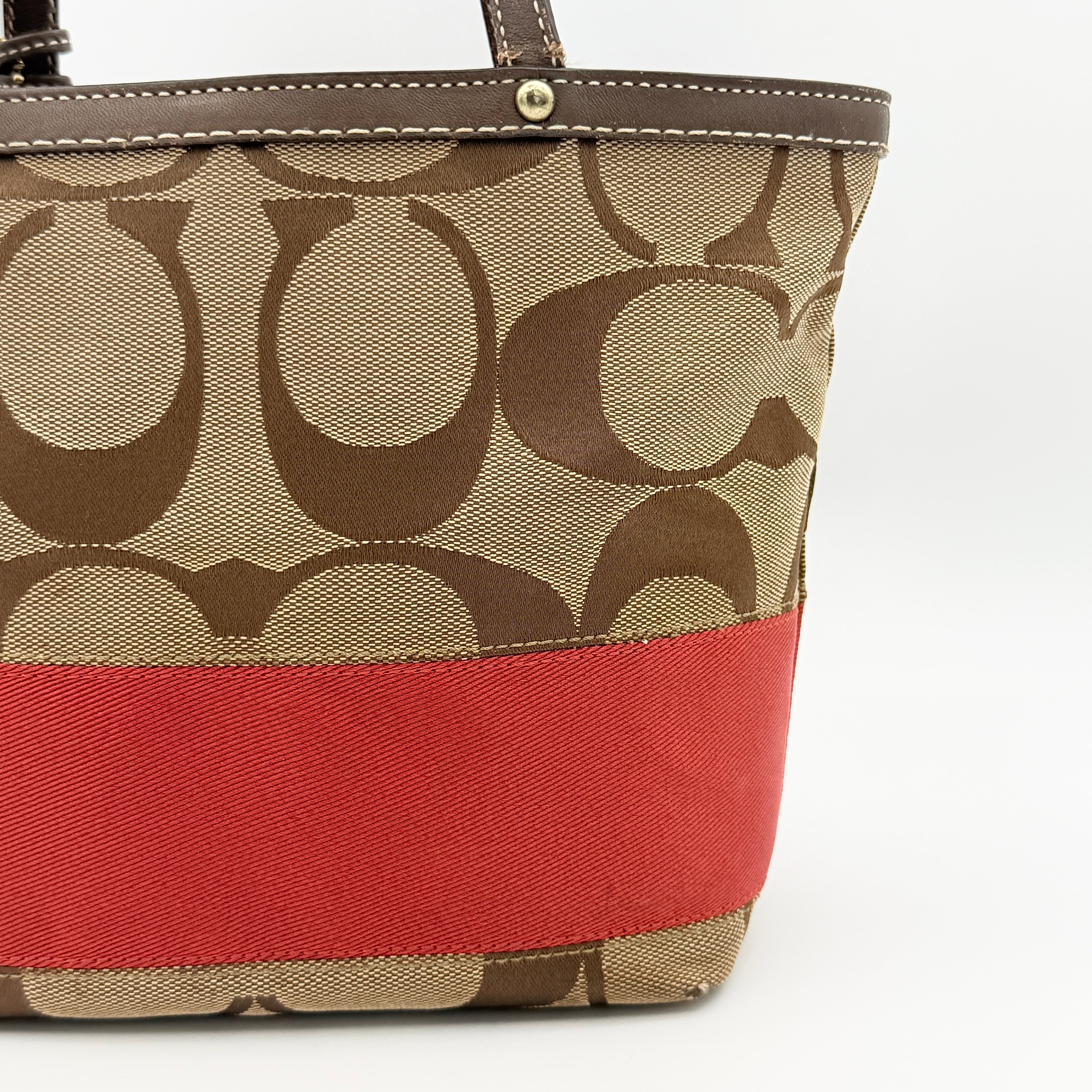 Coach Signature Stripe Tote Bag Beige/Red