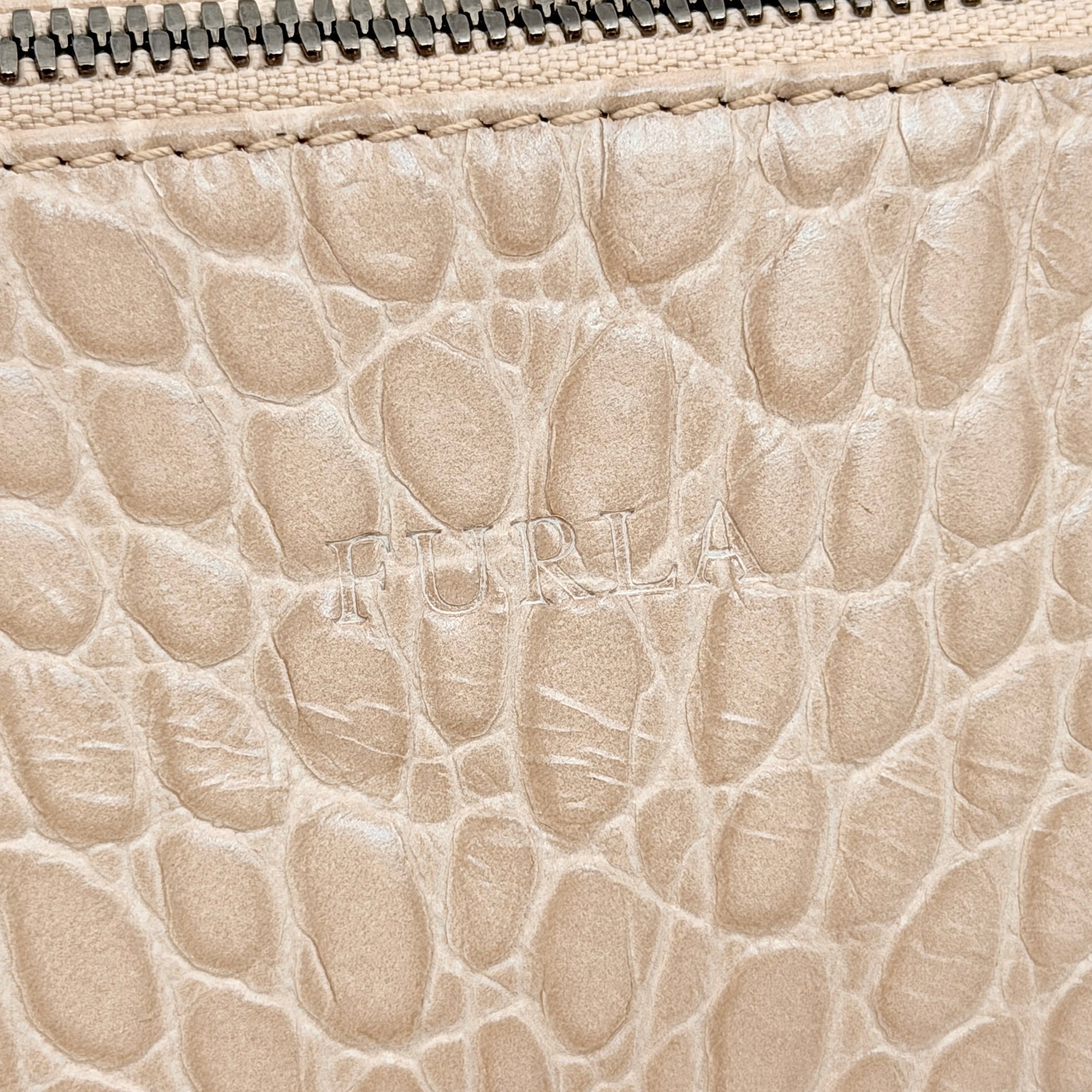 Furla Croc Embossed Leather Shoulder Bag Beige