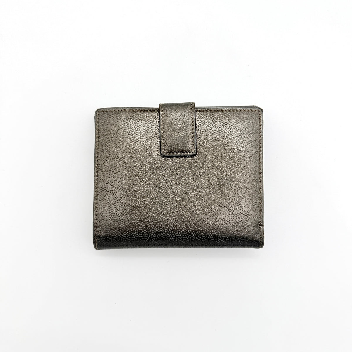 Salvatore Ferragamo Gancini Embossed Bifold Wallet in metallic grey textured leather, front view.