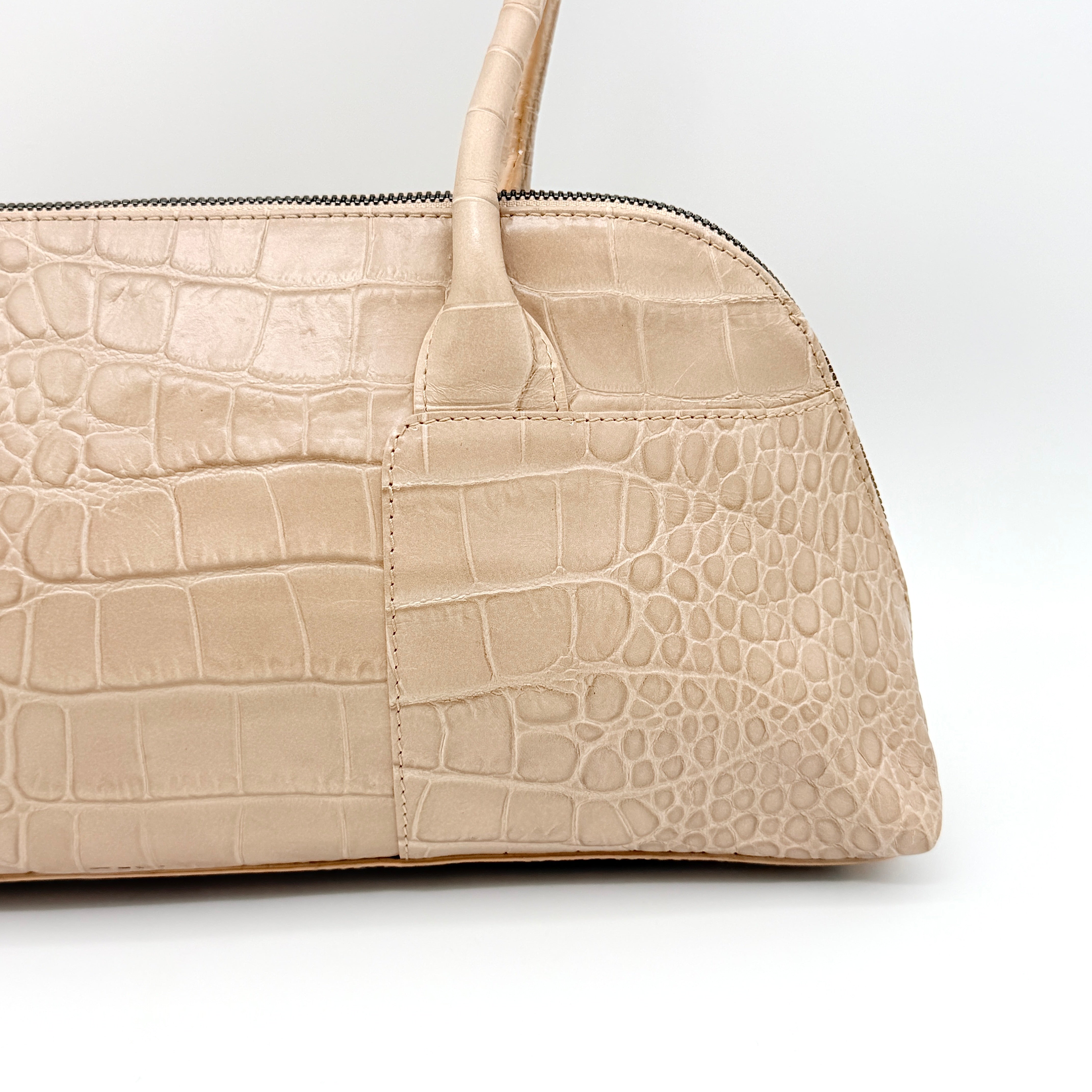 Furla Croc Embossed Leather Shoulder Bag Beige