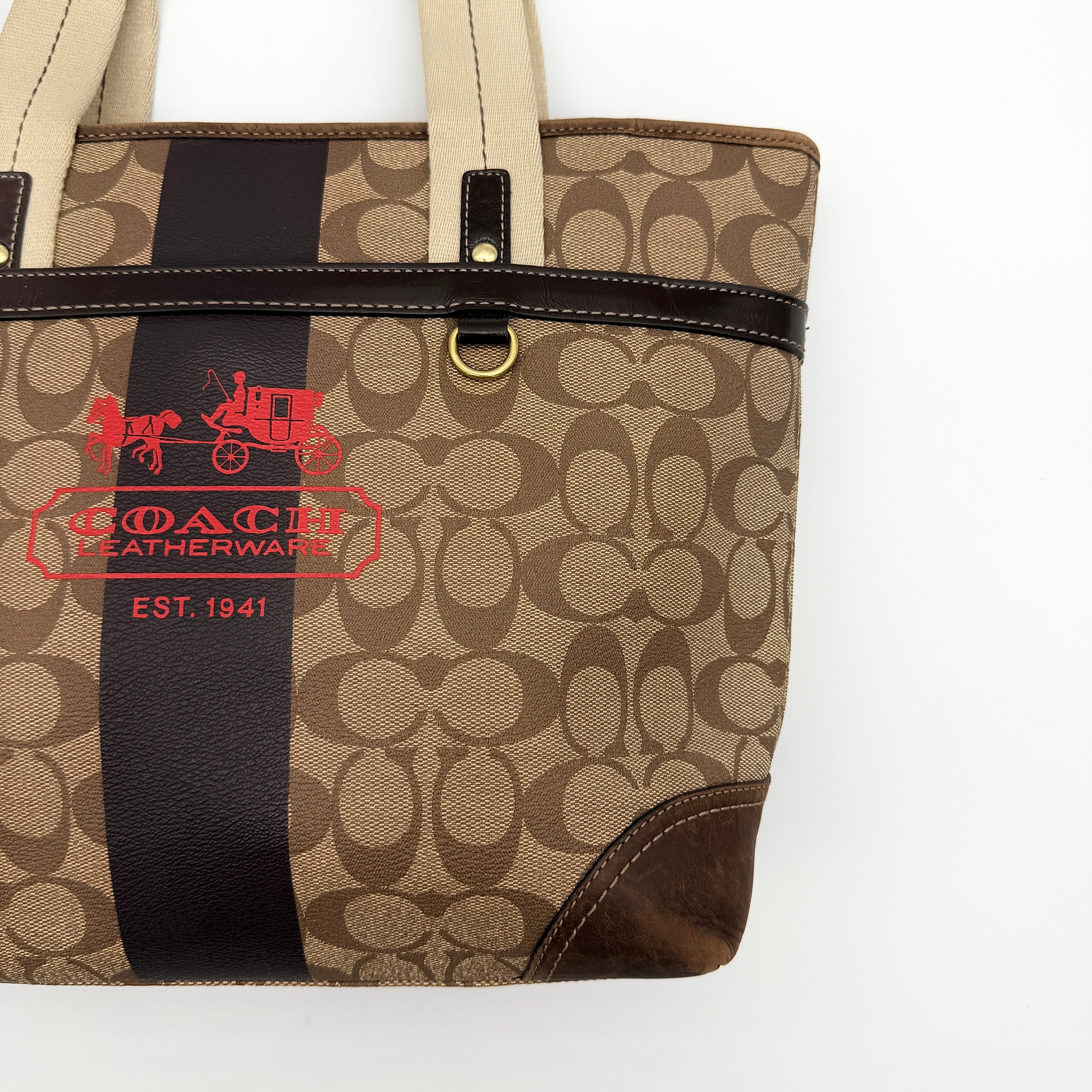 Coach Signature Heritage Stripe Tote Bag Beige/Brown