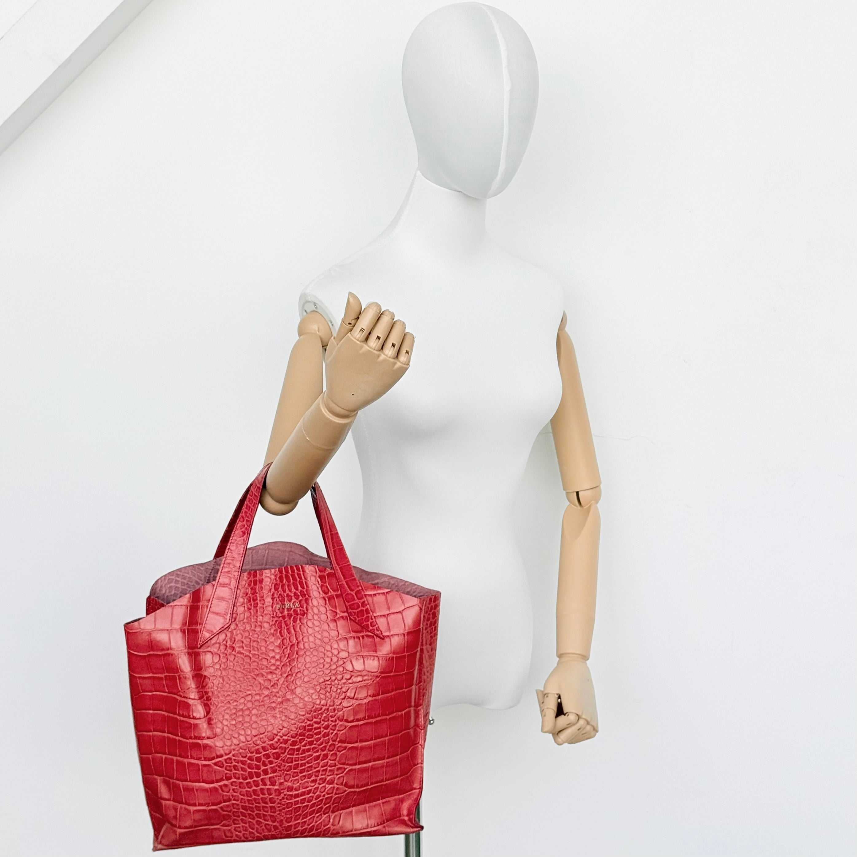 Furla Croc Embossed Leather Tote Bag Orange