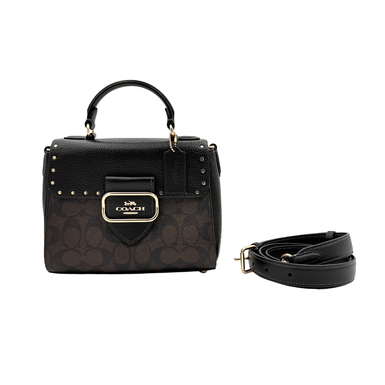 Coach Morgan Top Handle Bag in brown and black signature canvas with pebbled leather, gold hardware and detachable strap displayed alongside a Coach dustbag.
