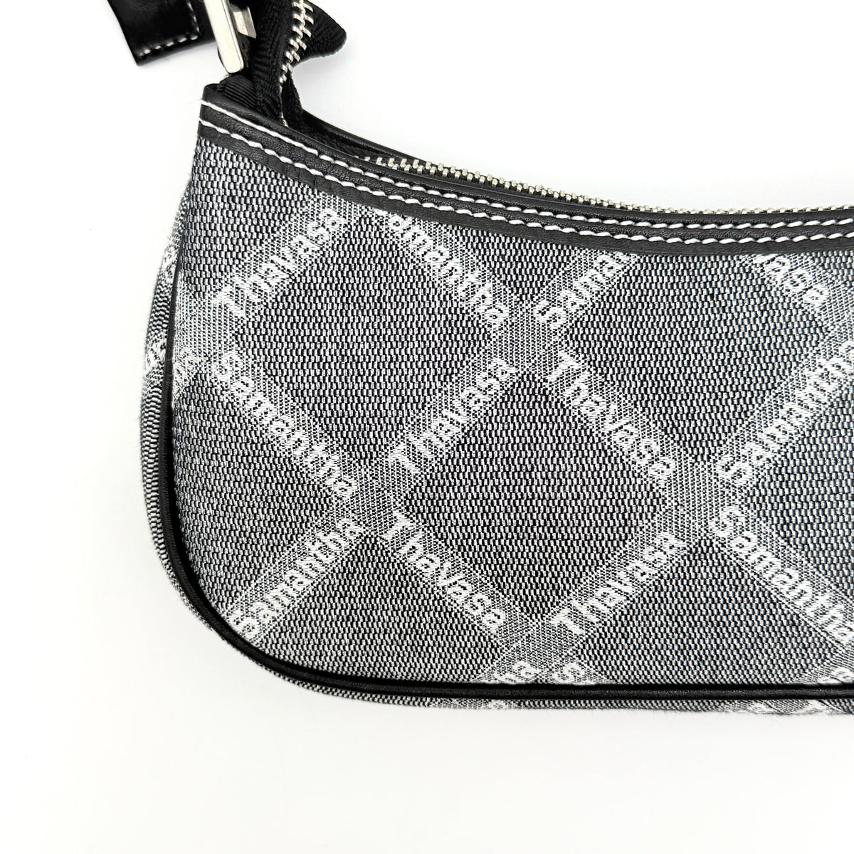 Samantha Thavasa Monogram Baguette Shoulder Bag in grey and black with all-over logo print and black strap.