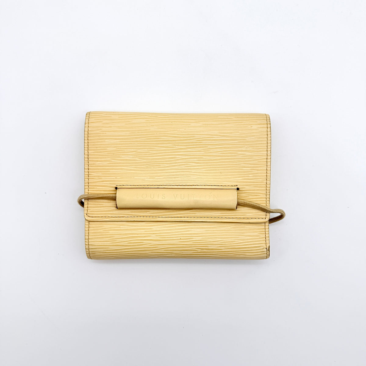 Louis Vuitton Epi Portefeuille Élastique Trifold Wallet in Vanilla Cream with dust bag, presented against a clean white background.