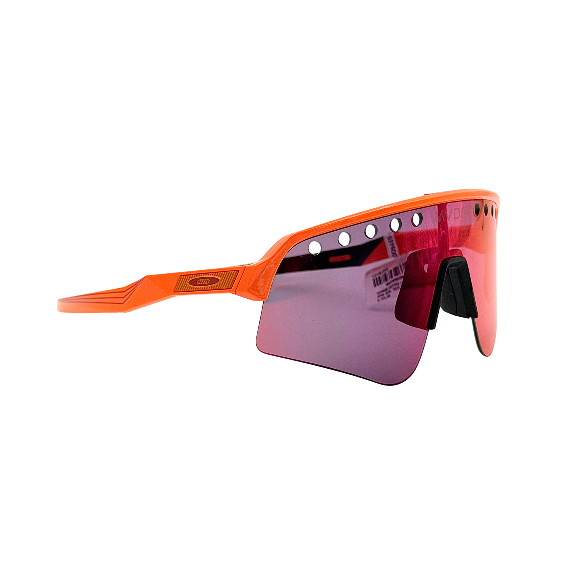 Oakley Sutro Lite Sweep MVDP Prizm Road sunglasses in orange sparkle with a shield lens and original pouch, photographed in bright studio lighting.