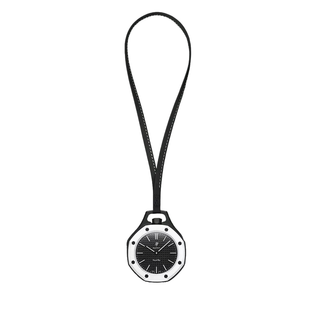 Swatch x Audemars Piguet Royal Pop Ocho Negro pendant watch with black textured dial and octagonal bezel on a black strap.