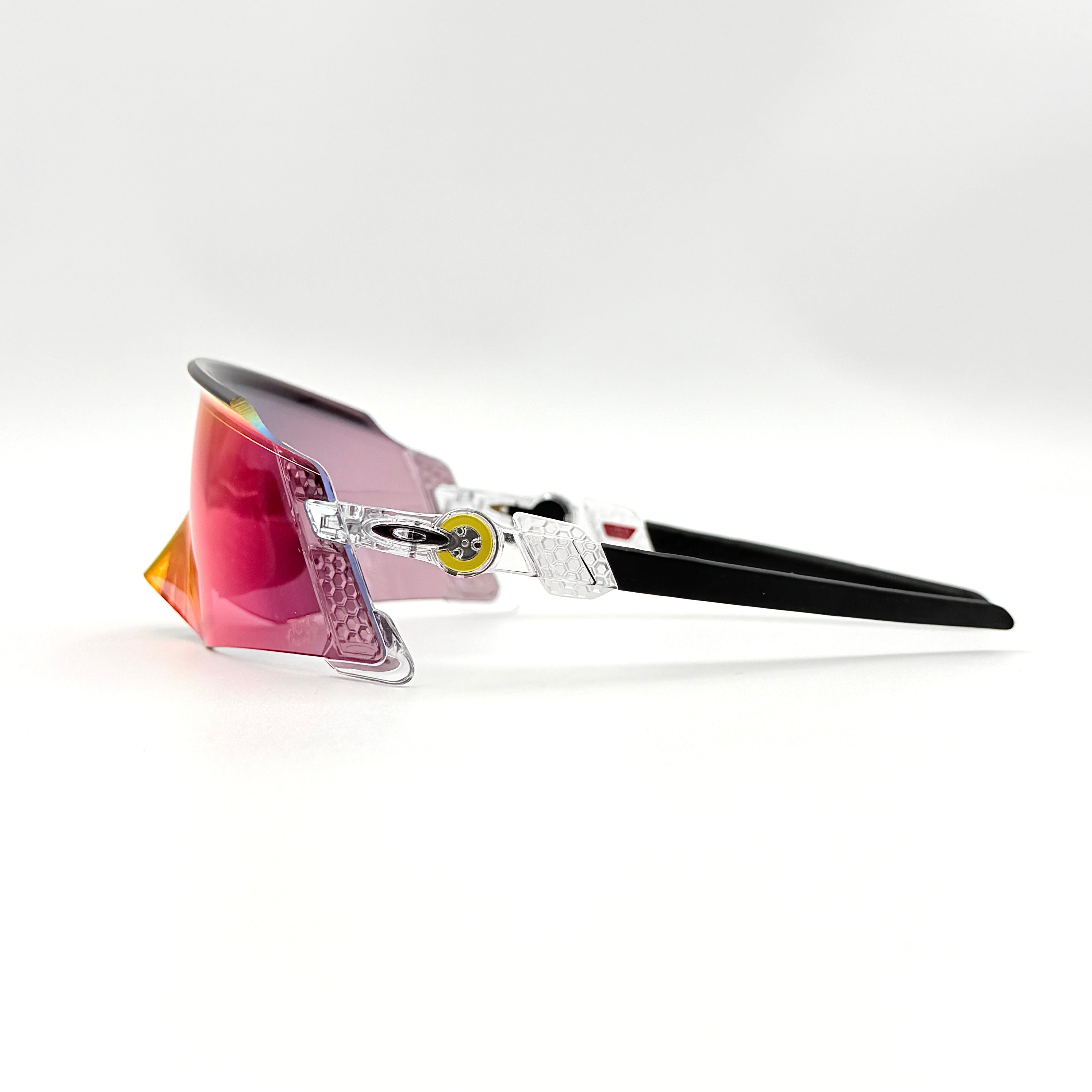 Oakley Kato Tour de France 2022 sunglasses with clear frame and Prizm Road lens, Tour de France yellow accents.