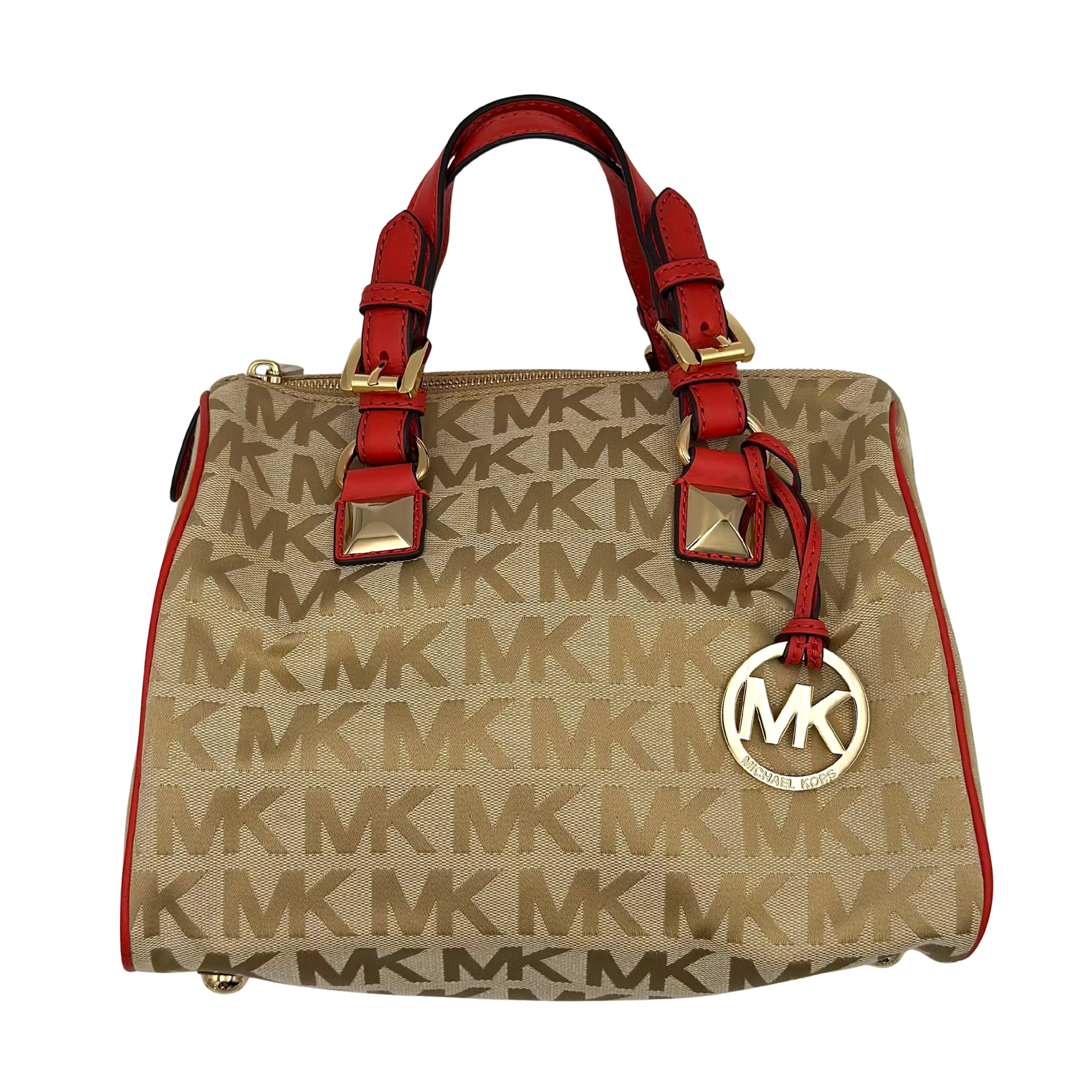 Michael Kors Grayson Monogram Satchel Handbag Beige/Red