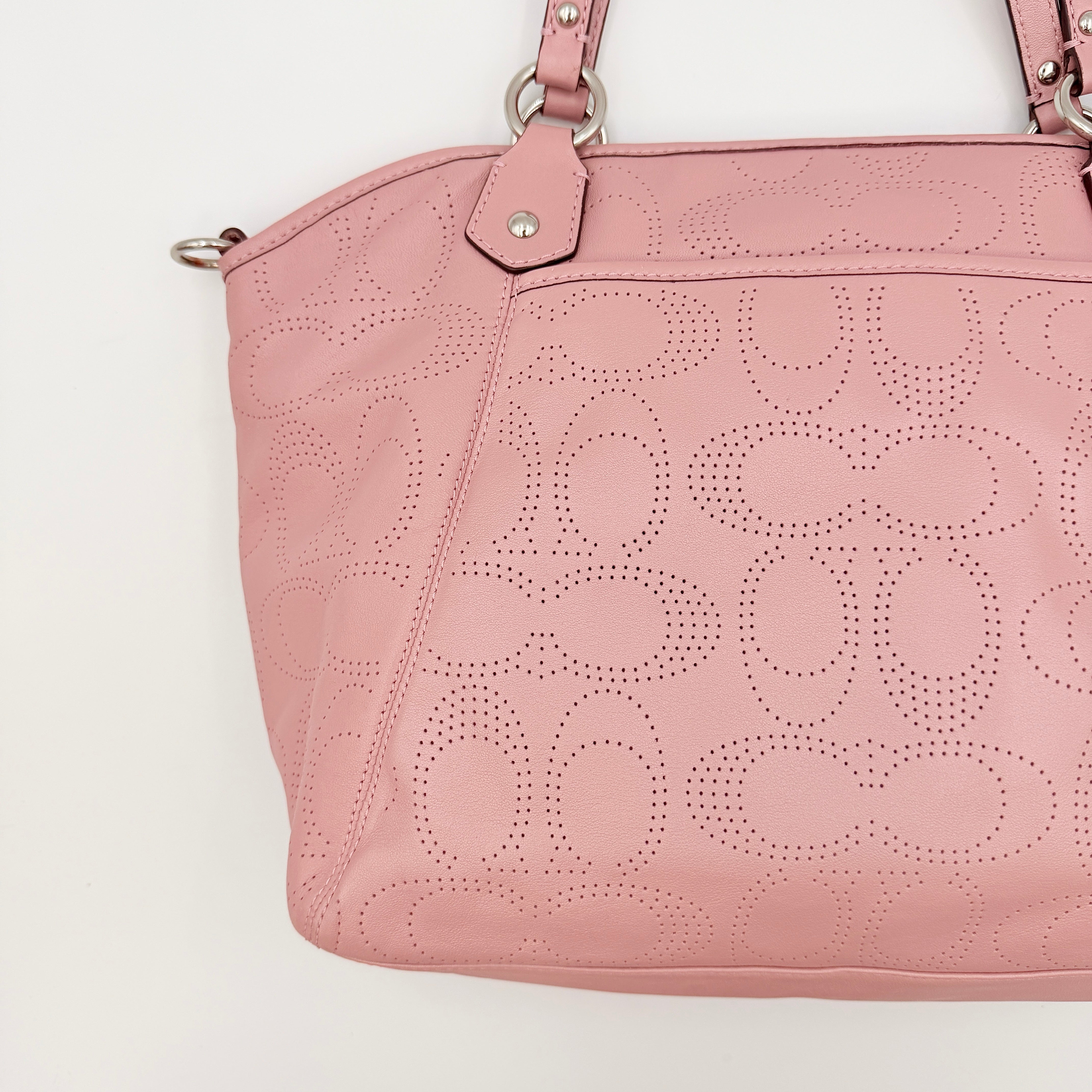 Coach 2Way Perforated Shoulder Bag in soft pink leather with silver hardware and detachable strap, displayed on a white background.