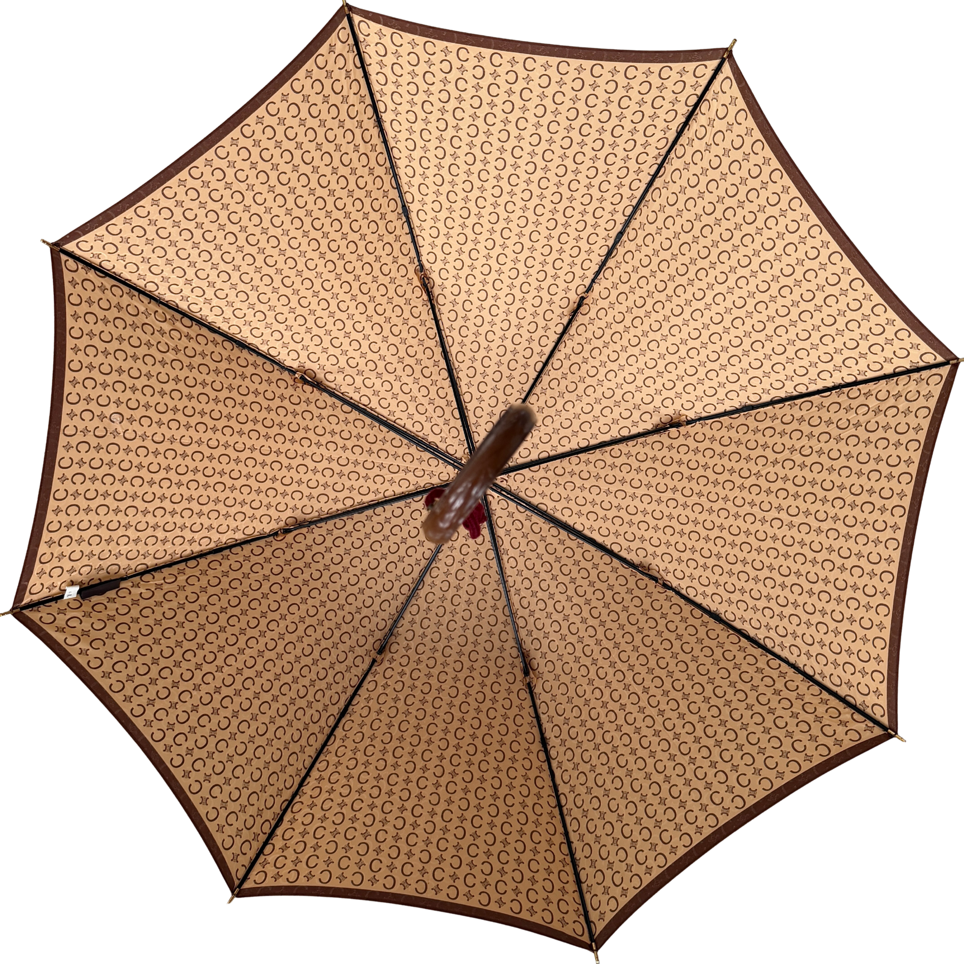 Celine Macadam Monogram Umbrella in brown and beige with classic curved handle and signature all-over logo pattern.