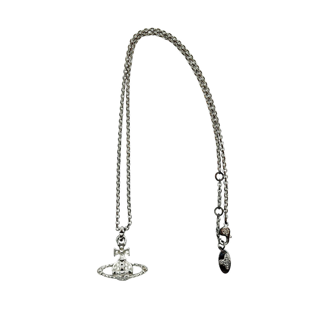 Vivienne Westwood silver orb necklace with crystal-studded Saturn motif on a textured chain, displayed against a clean background.