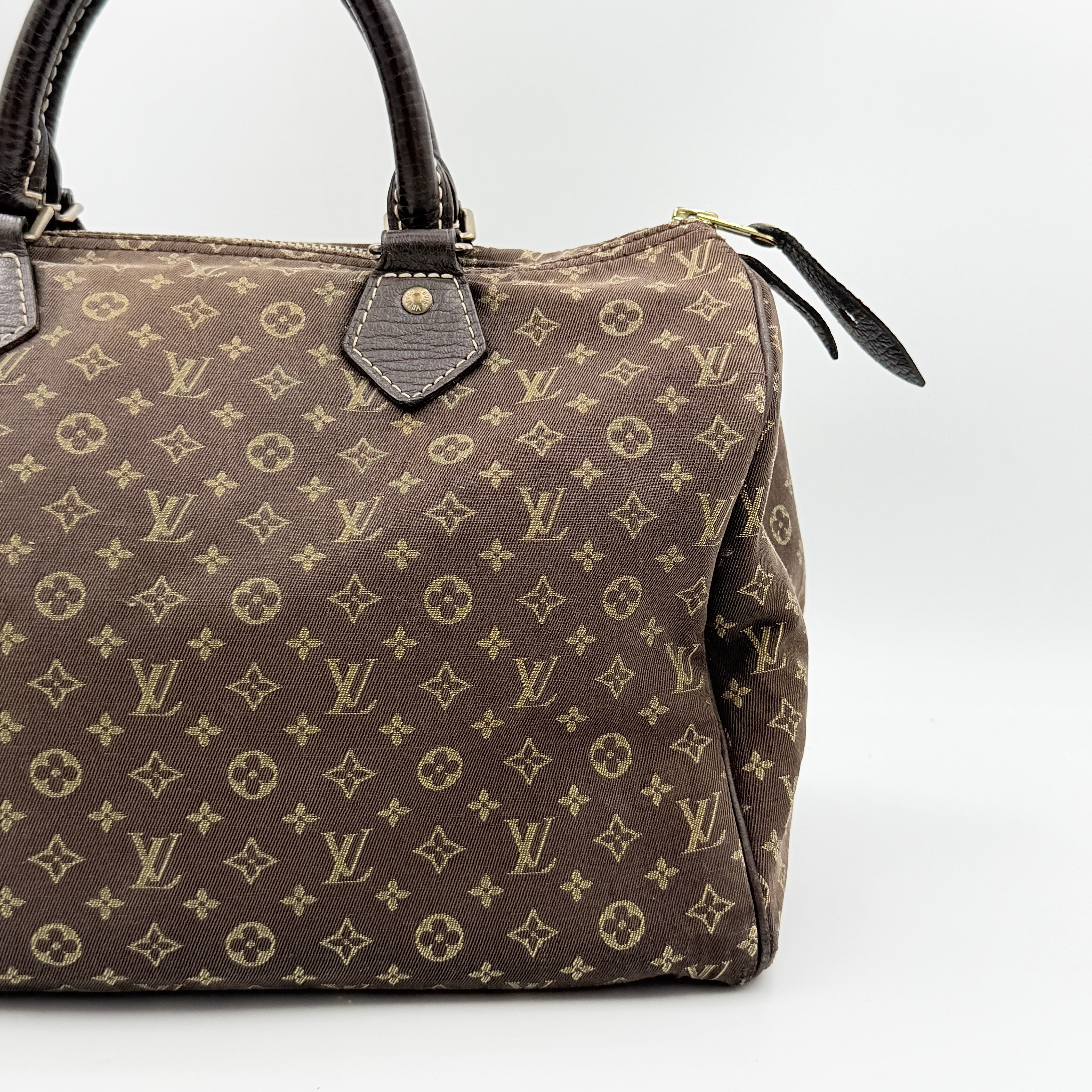 Louis Vuitton Monogram Mini Lin Speedy 30 in brown textile with top handles and monogram motif, shown against a white background.