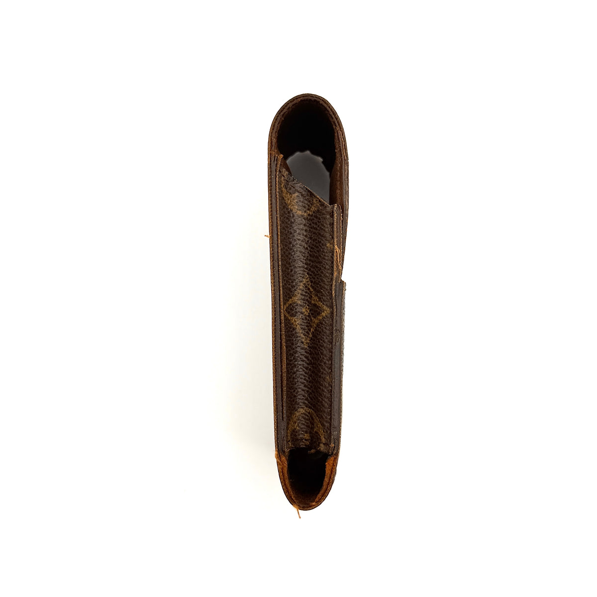 Louis Vuitton Monogram Cigarette Case in brown canvas with flap opening, photographed front-facing on a white background.