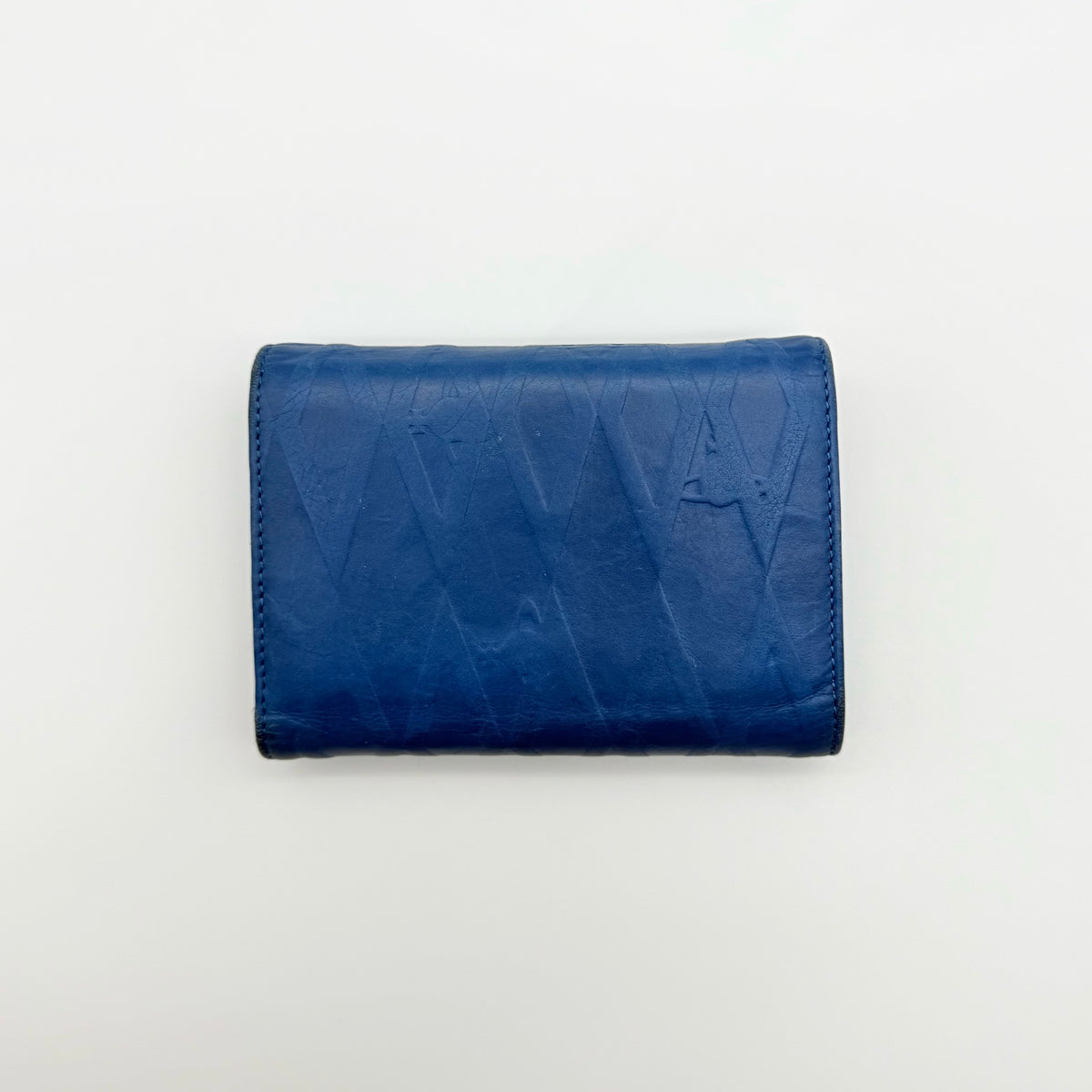 Vivienne Westwood blue leather trifold wallet with gold Orb emblem, shown with original box and documents.