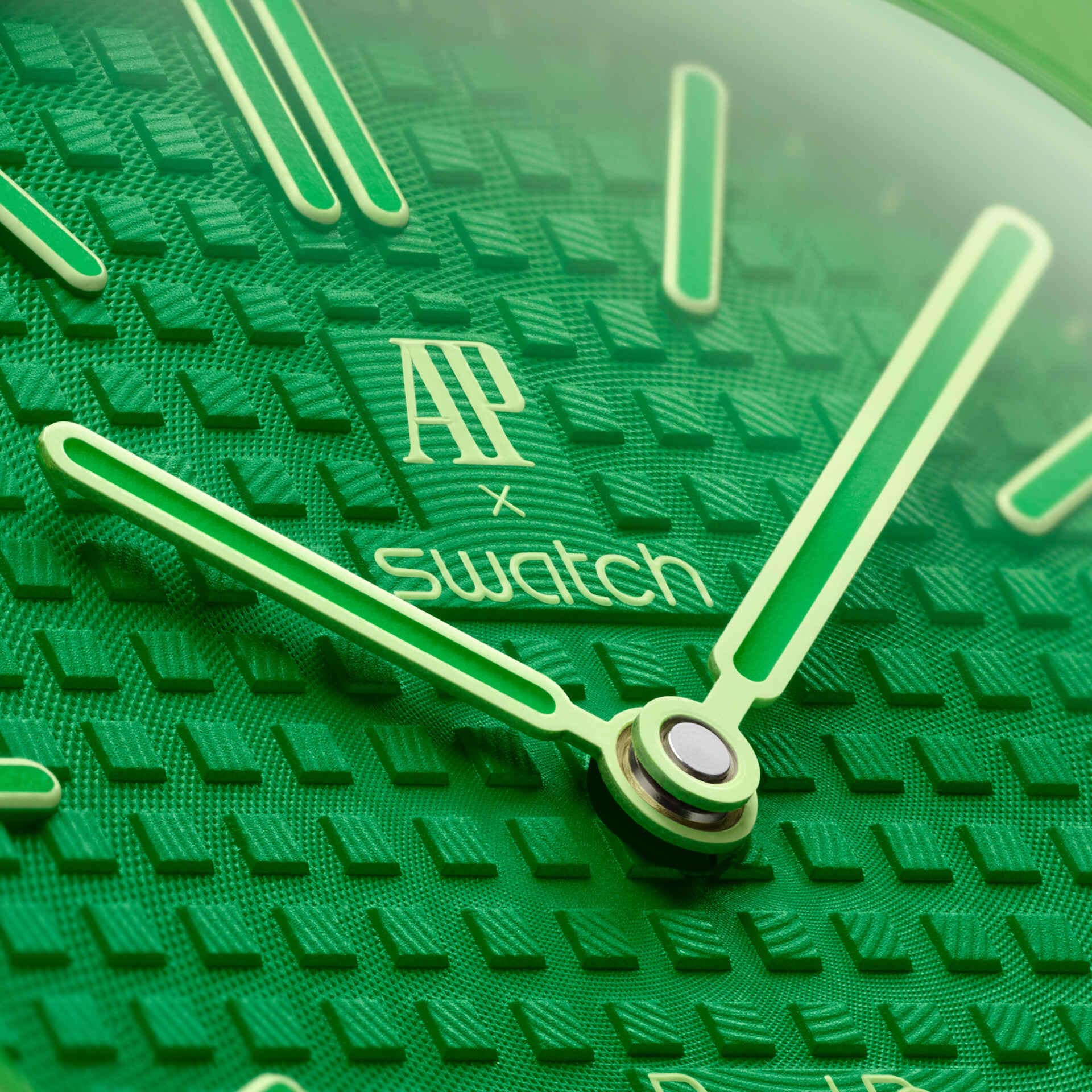 Front view of the Swatch x Audemars Piguet Royal Pop Green Eight with green octagonal case and lanyard.