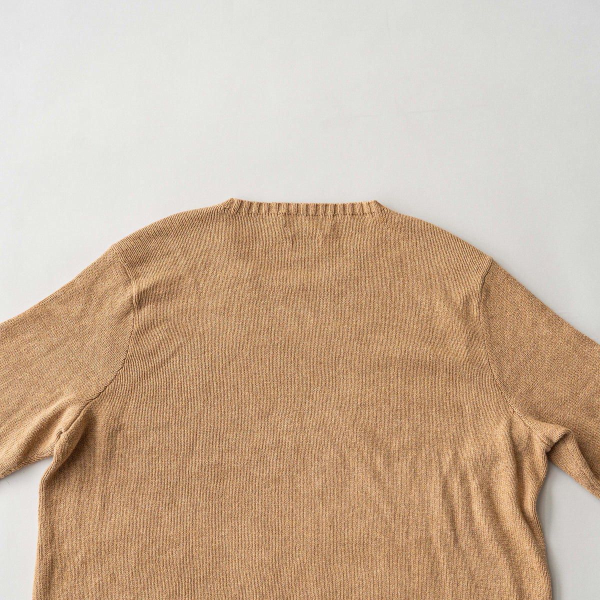 Polo Ralph Lauren brown Pima cotton knit crewneck sweater with embroidered pony logo, displayed flat.