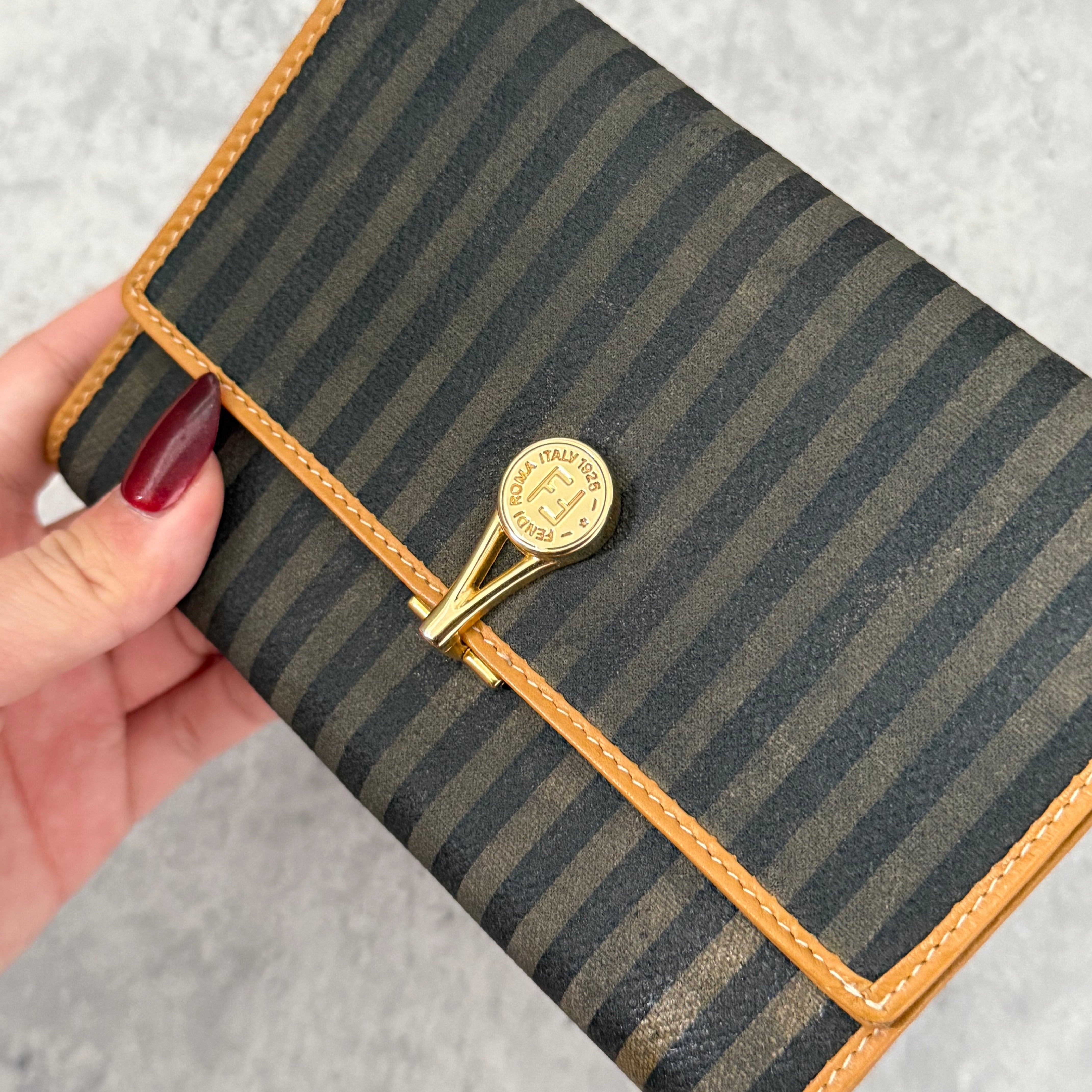 Fendi Canvas Striped Vintage Wallet in brown and black with tan leather trim and gold-tone logo clip