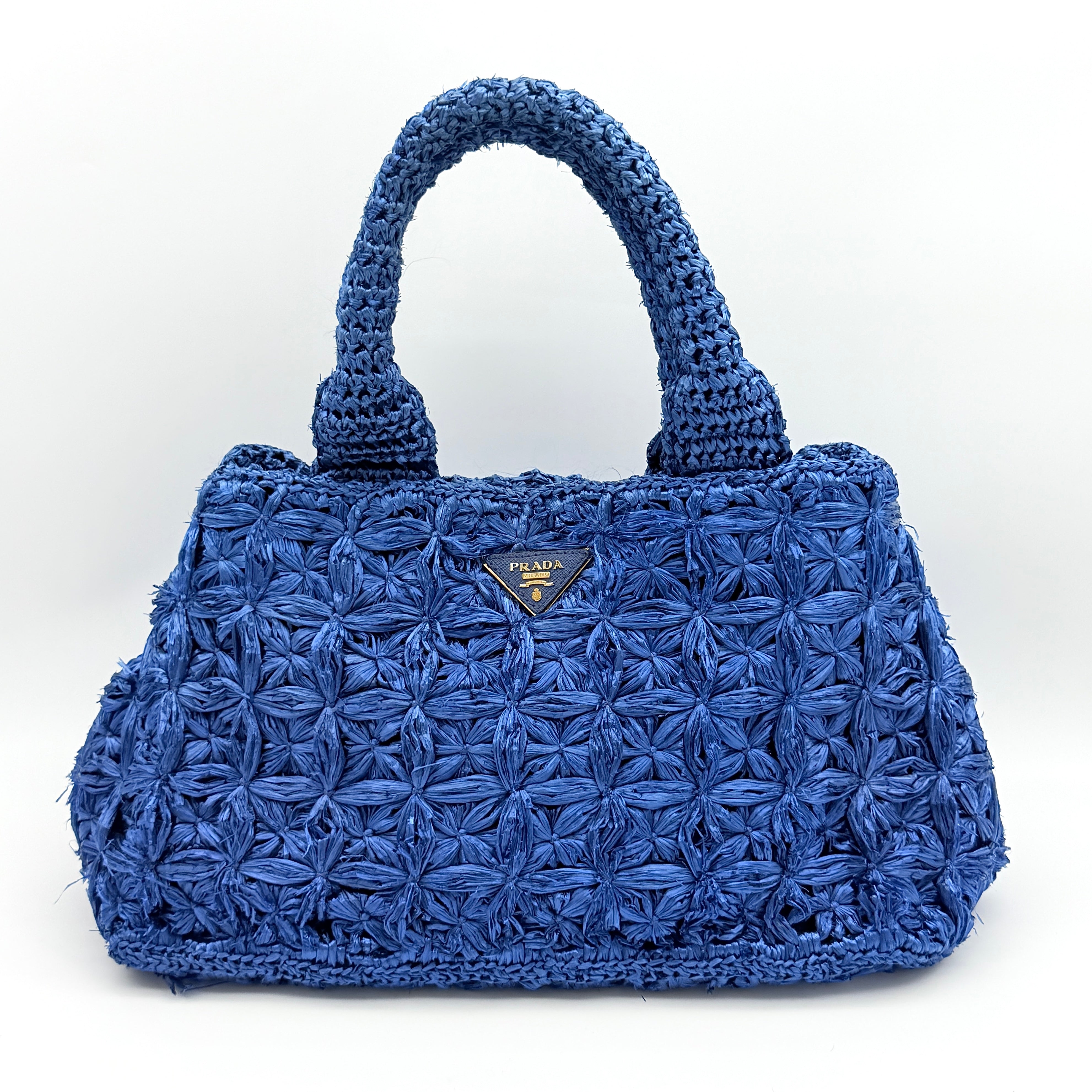 Prada Canapa Crochet Raffia Tote Bag Blue