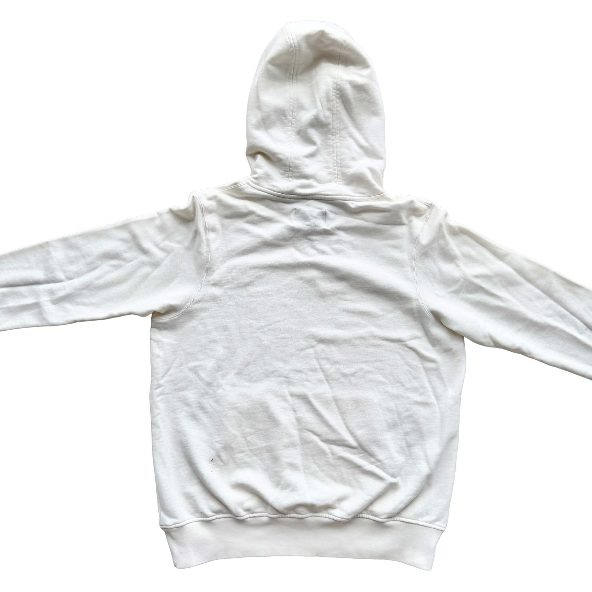 Casablanca off-white hoodie with a red logo patch and kangaroo pocket, laid flat and showing the front view.