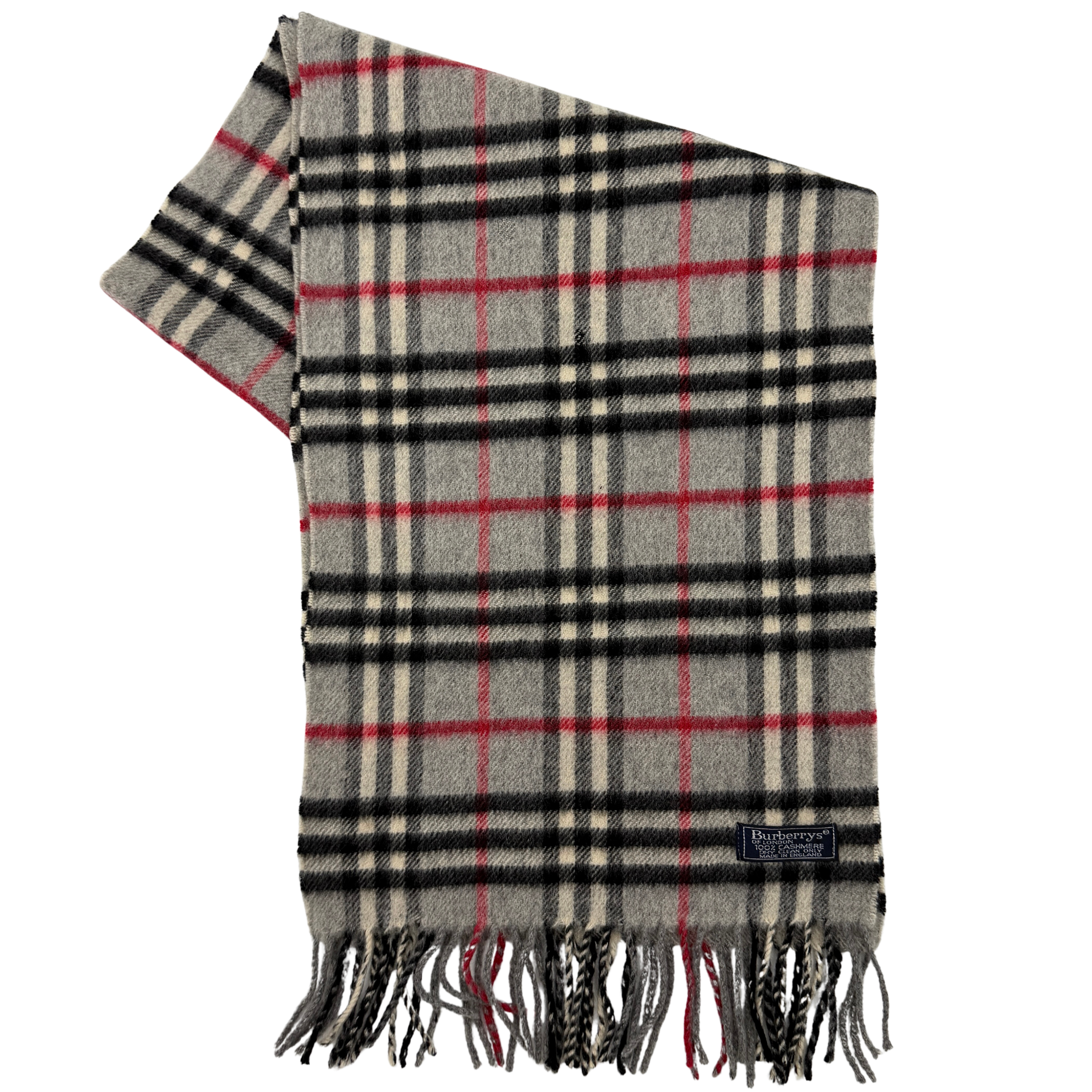 Burberry London scarf in grey cashmere with signature Nova Check pattern and twisted fringe detailing.