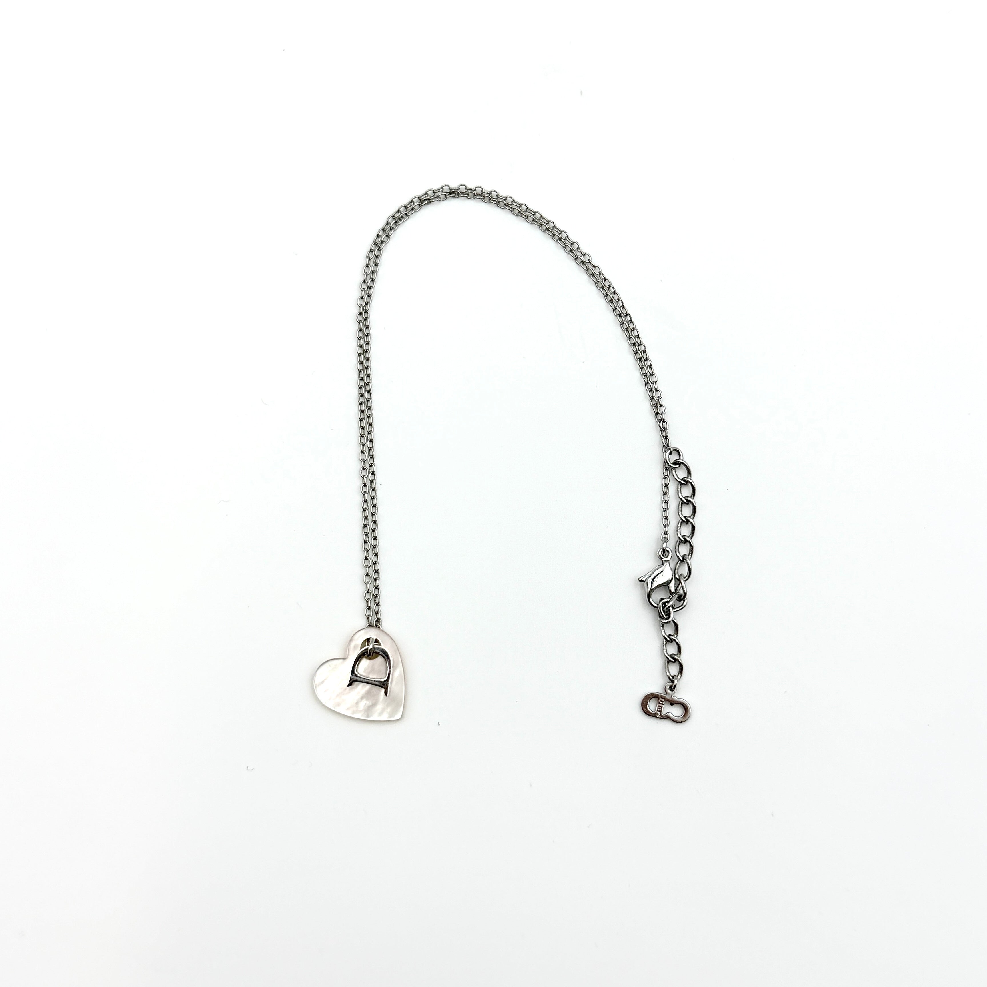 Dior D Logo Heart Mother of Pearl Necklace Silver