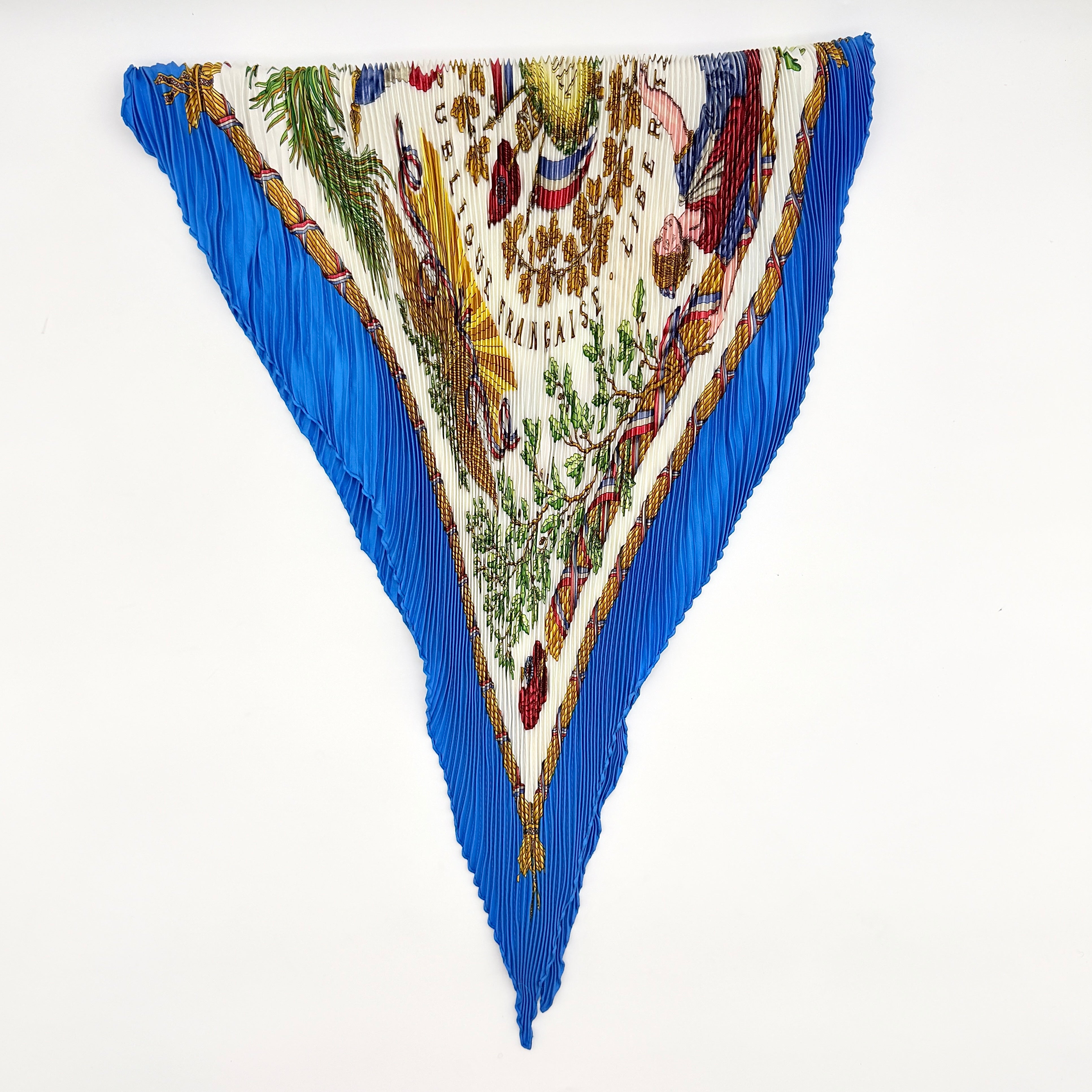 Hermès République Française Pleated Silk Scarf Blue