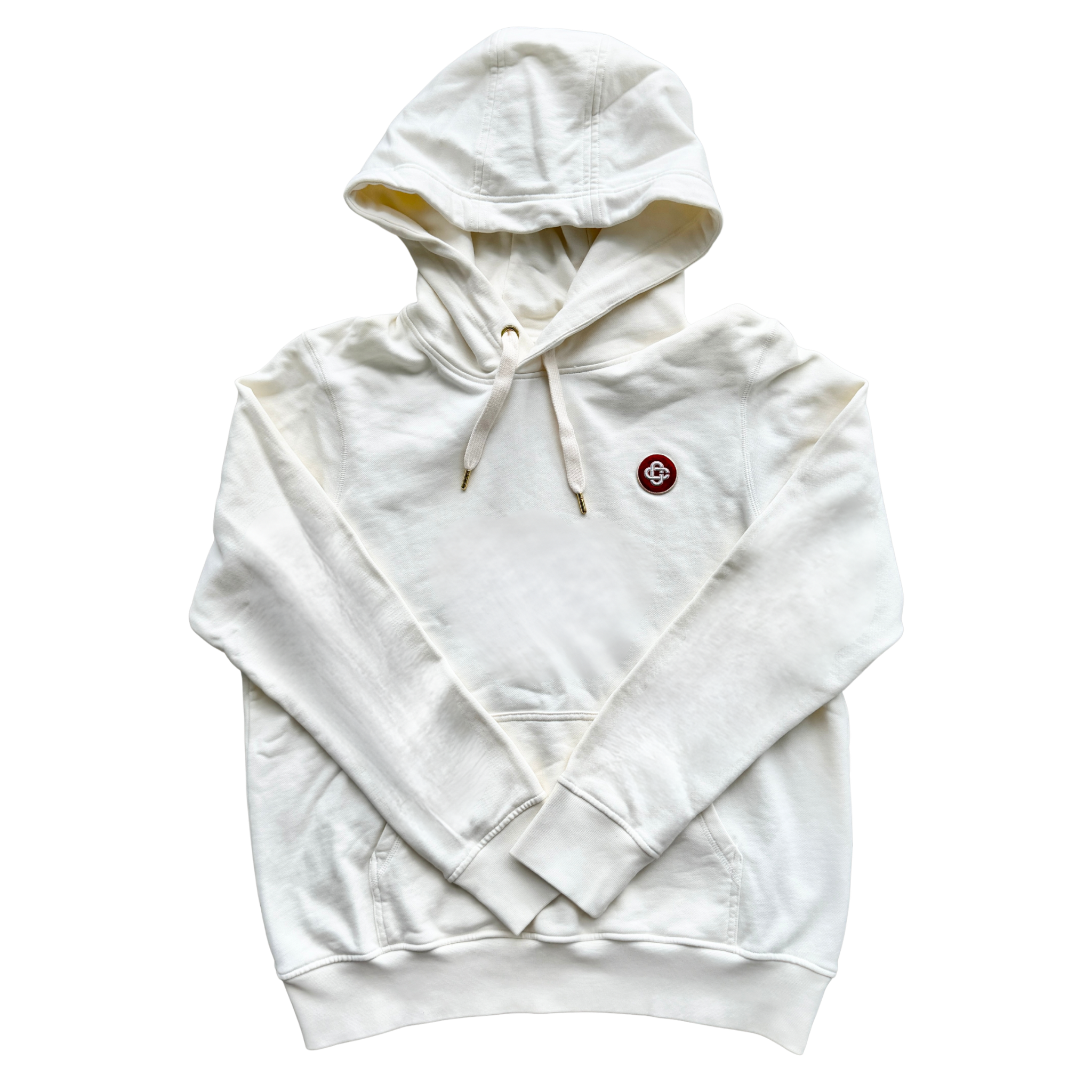 Casablanca off-white hoodie with a red logo patch and kangaroo pocket, laid flat and showing the front view.