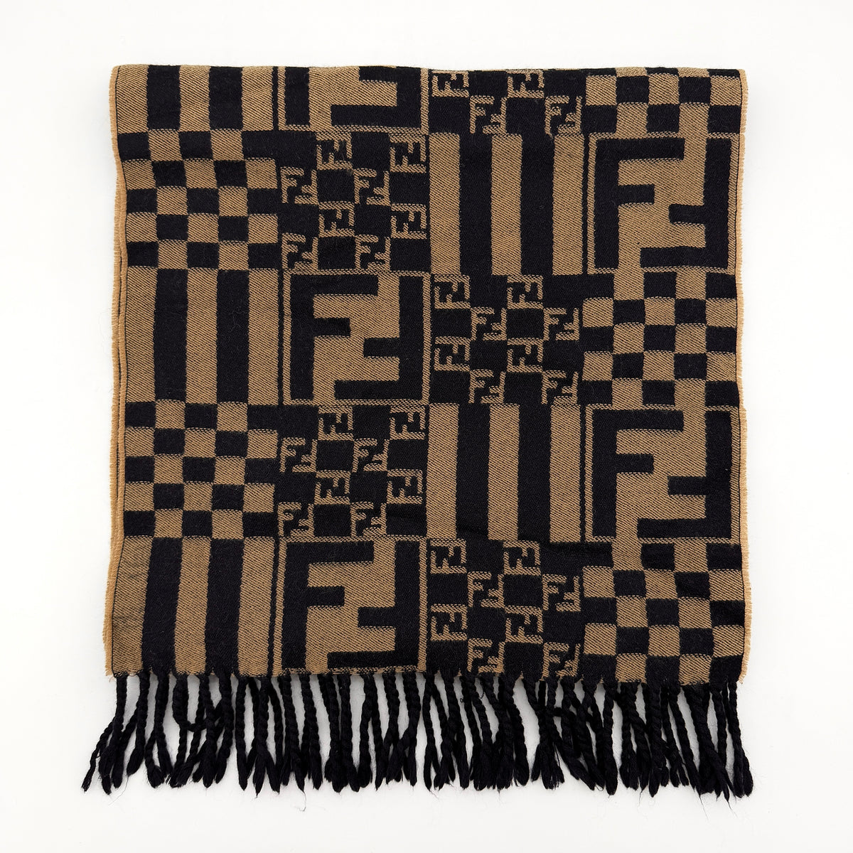 Fendi FF Zucca scarf in beige and black wool with checkered pattern and fringed edges, displayed flat.