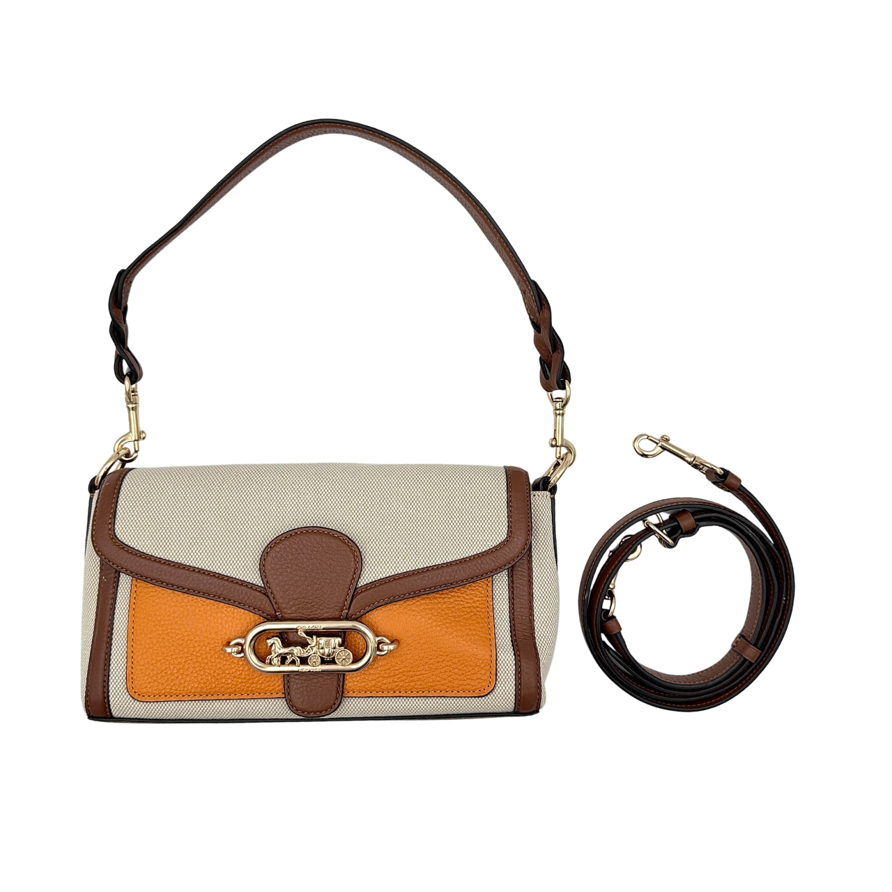 Coach Jade 2Way Shoulder Bag in sand canvas with amber and brown leather trim, gold-tone carriage hardware, and detachable strap.